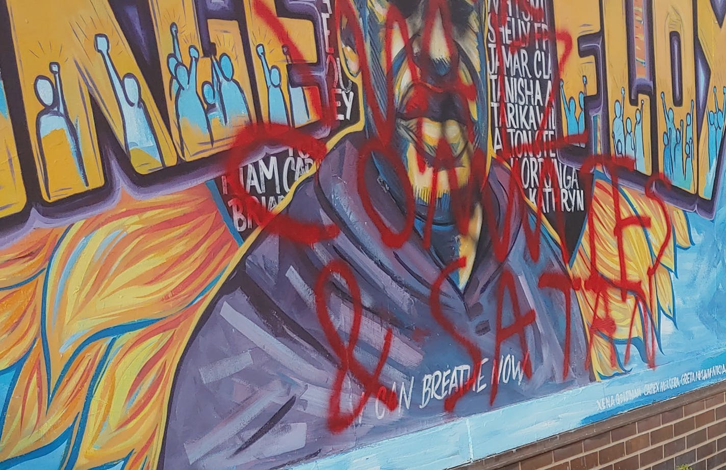 The latest vandalism to the George Floyd mural at 38th Street and S. Chicago Avenue S. was noticed Monday and shared on the Black Lives Matter Minnesota page, where it was widely shared and condemned.