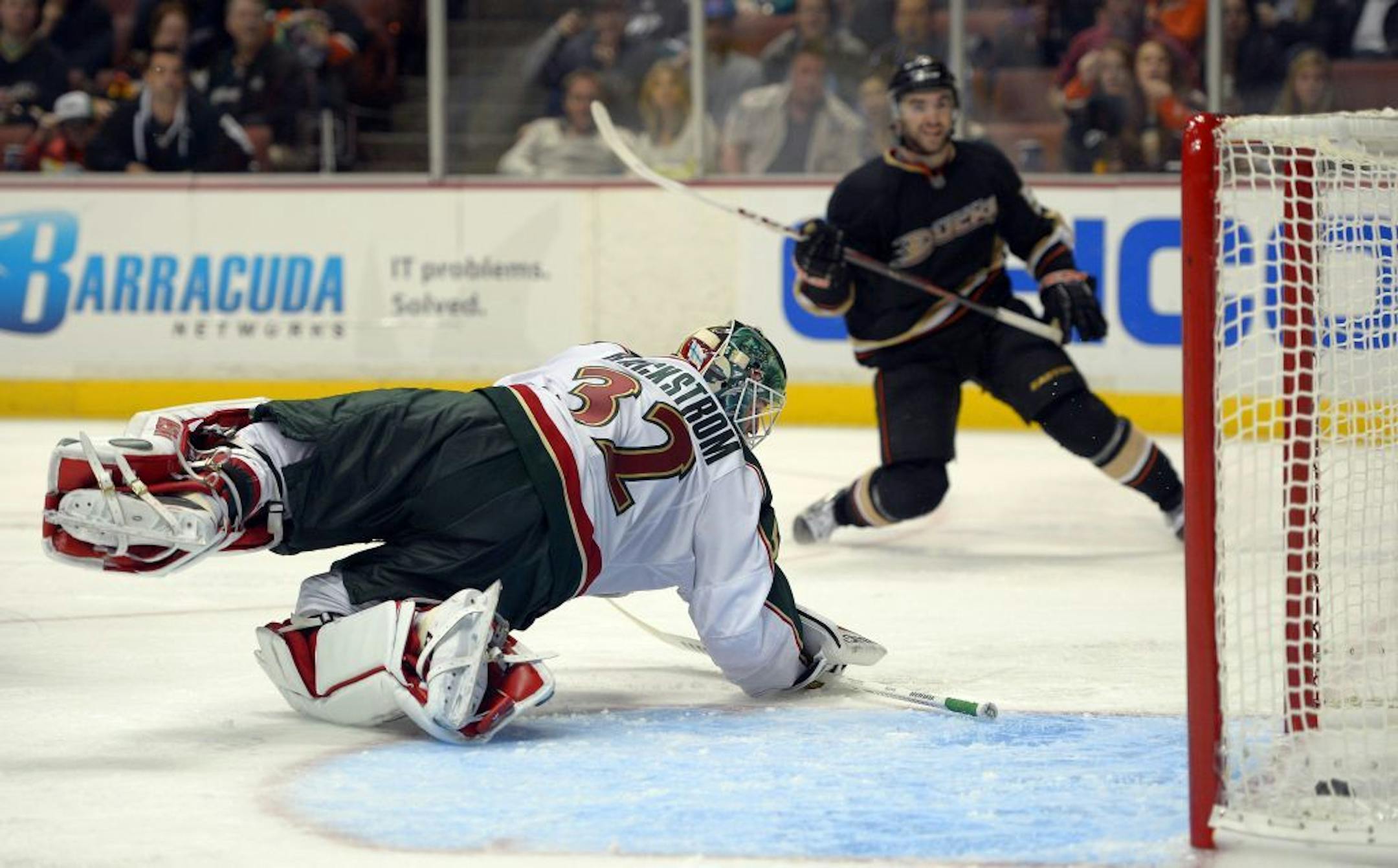 Anaheim Ducks right wing Kyle Palmieri, right, scores on Wild goalie Niklas Backstrom.