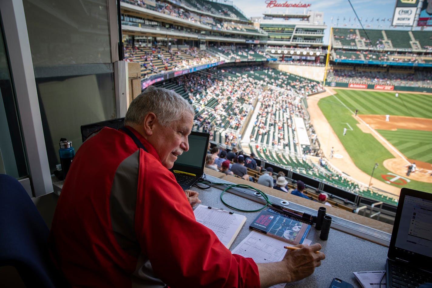 Scorekeeper Stew Thornley, in 2018