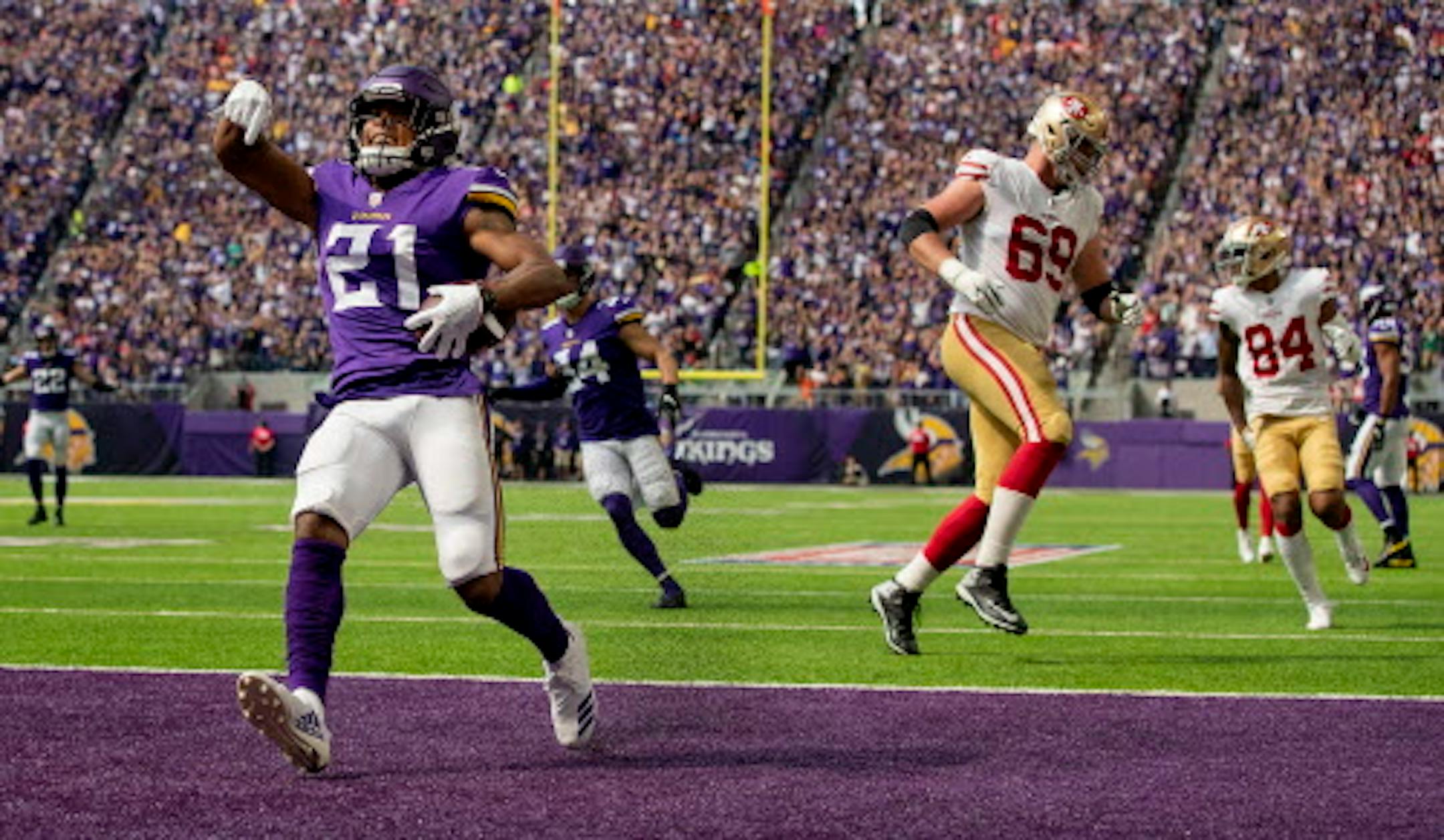 Minnesota Vikings' Mike Hughes (21) returns an interception 28 yards for a touchdown in the third quarter against the San Francisco 49ers on Sunday, Sept. 9, 2018 at U.S. Bank Stadium in Minneapolis, Minn. (Carlos Gonzalez/Minneapolis Star Tribune/TNS) ORG XMIT: 1240040