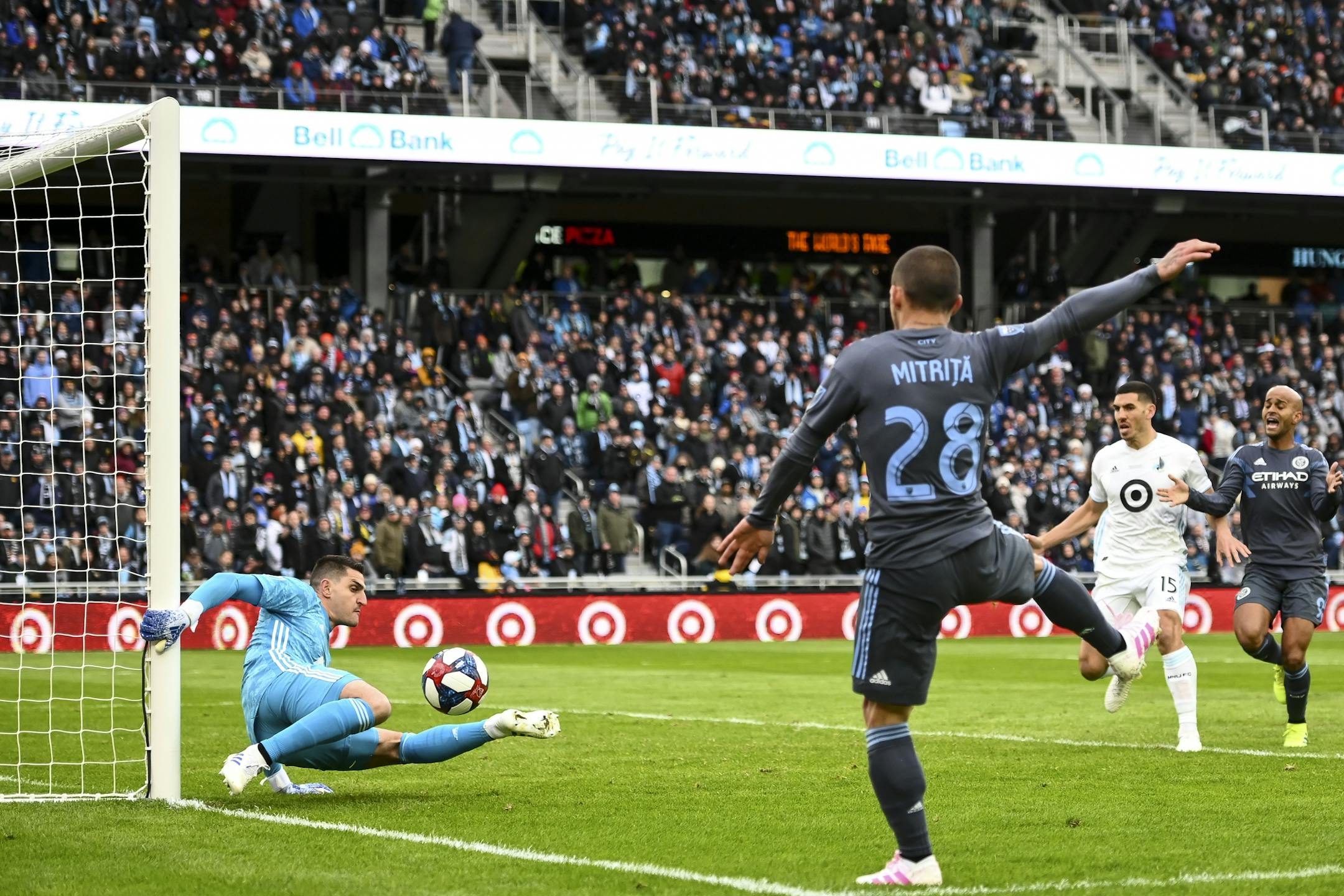 Minnesota United goalkeeper Vito Mannone (1) made a save on a shot by NYC FC midfielder Alexandru Mitrita (28) in the second half