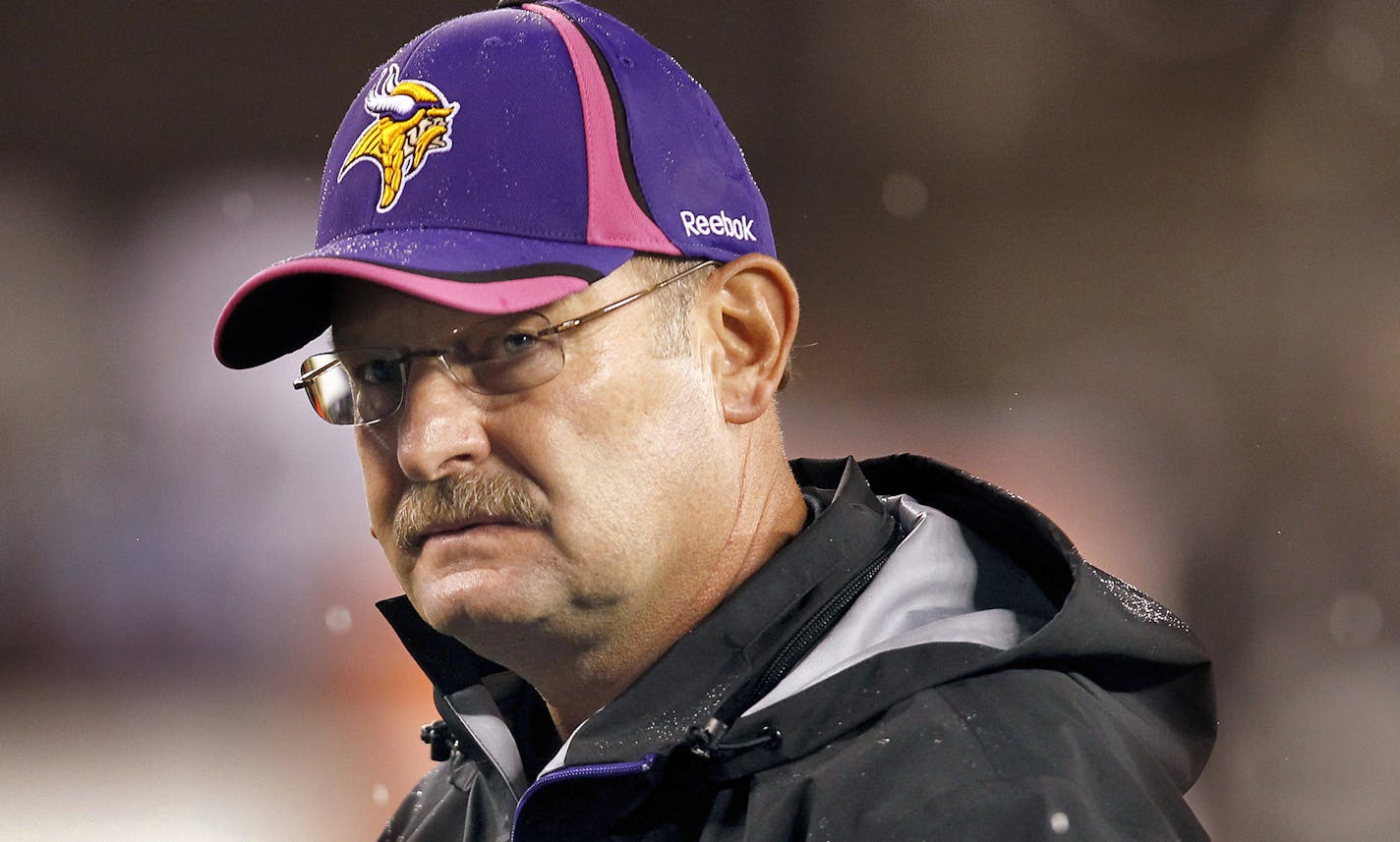 CARLOS GONZALEZ â€¢ cgonzalez@startribune.comÂ October 11, 2010 â€" East Rutherford, NJ â€" New Meadowlands Stadium - Monday Night Football â€" NFL â€" Minnesota Vikings vs. New York Jets ] Minnesota Vikings head coach Brad Childress during warm ups before the start of Monday Night Football at New Meadowlands Stadium. ORG XMIT: MIN2014101520263264