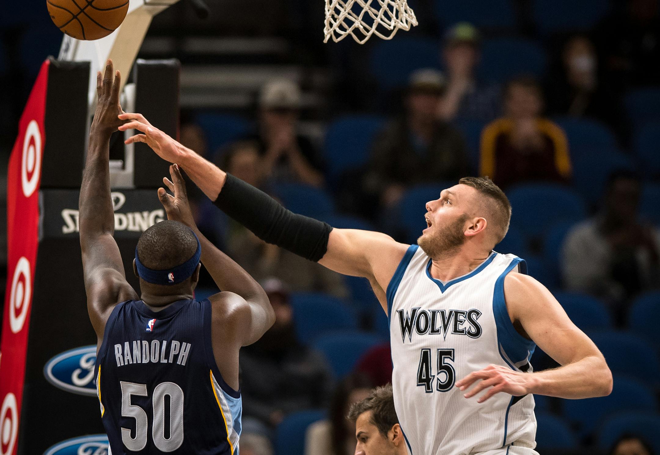 Center Cole Aldrich, a big man in the Wolves’ bench rotation, makes the most of his minutes, such as when he contested a shot by Memphis’ Zach Randolph in an October game.