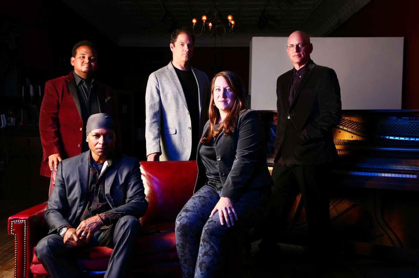 Photo by Clare Nieto. Left to right: tenor Tesfa Wondemagegnehu, bassist Anthony Cox, lyricist Greg Foley, mezzo-soprano Clara Osowski, composer Jeremy Walker.