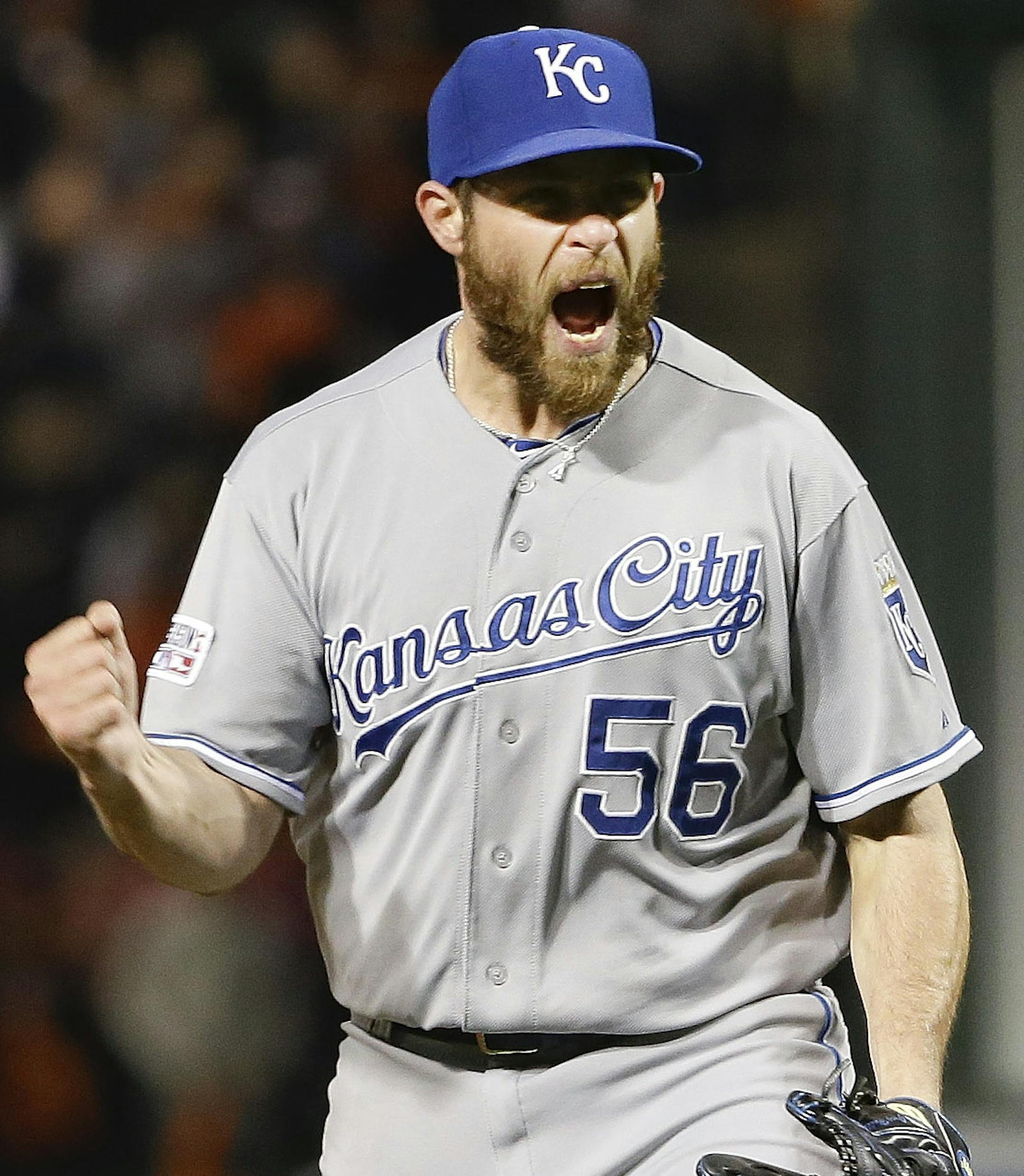 Kansas City Royals relief pitcher Greg Holland celebrates after the Royals defeated the against the Baltimore Orioles, 6-4, in Game 2 of the American League baseball championship series Saturday, Oct. 11, 2014, in Baltimore. (AP Photo/Matt Slocum)