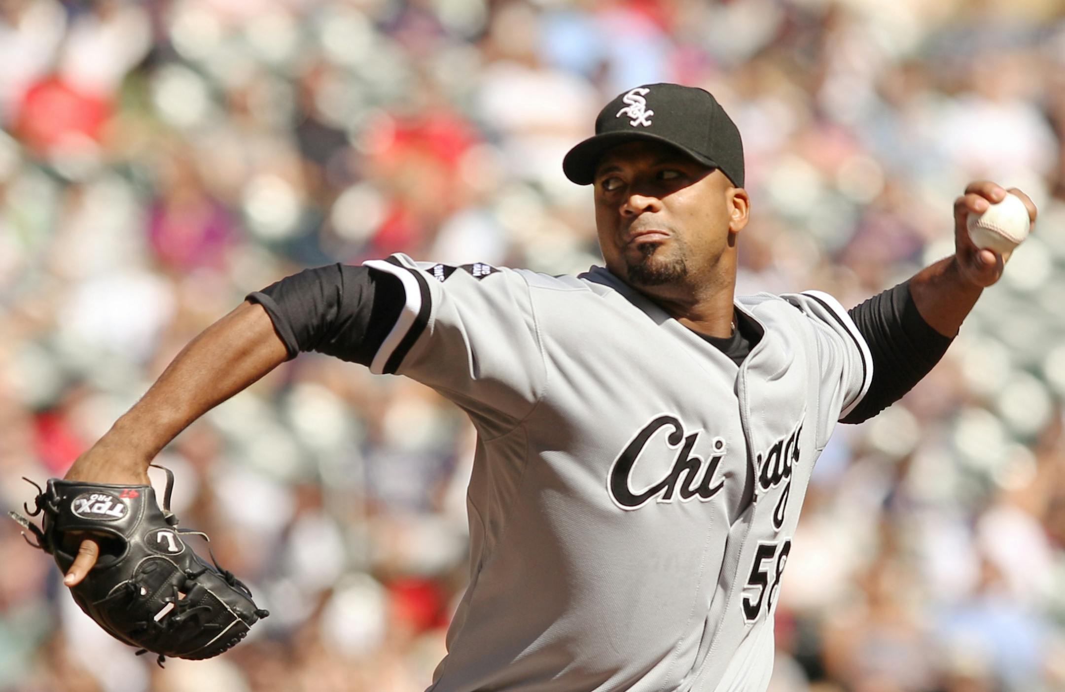 Chicago White Sox starting pitcher Francisco Liriano throws against the Minnesota Twins during the first inning of a baseball game, Saturday, Sept. 15, 2012, in Minneapolis.