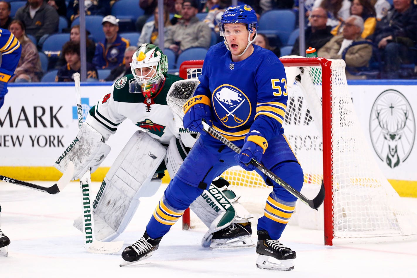 Buffalo left wing Jeff Skinner skates in front of Wild goaltender Kaapo Kahkonen during the first period Friday