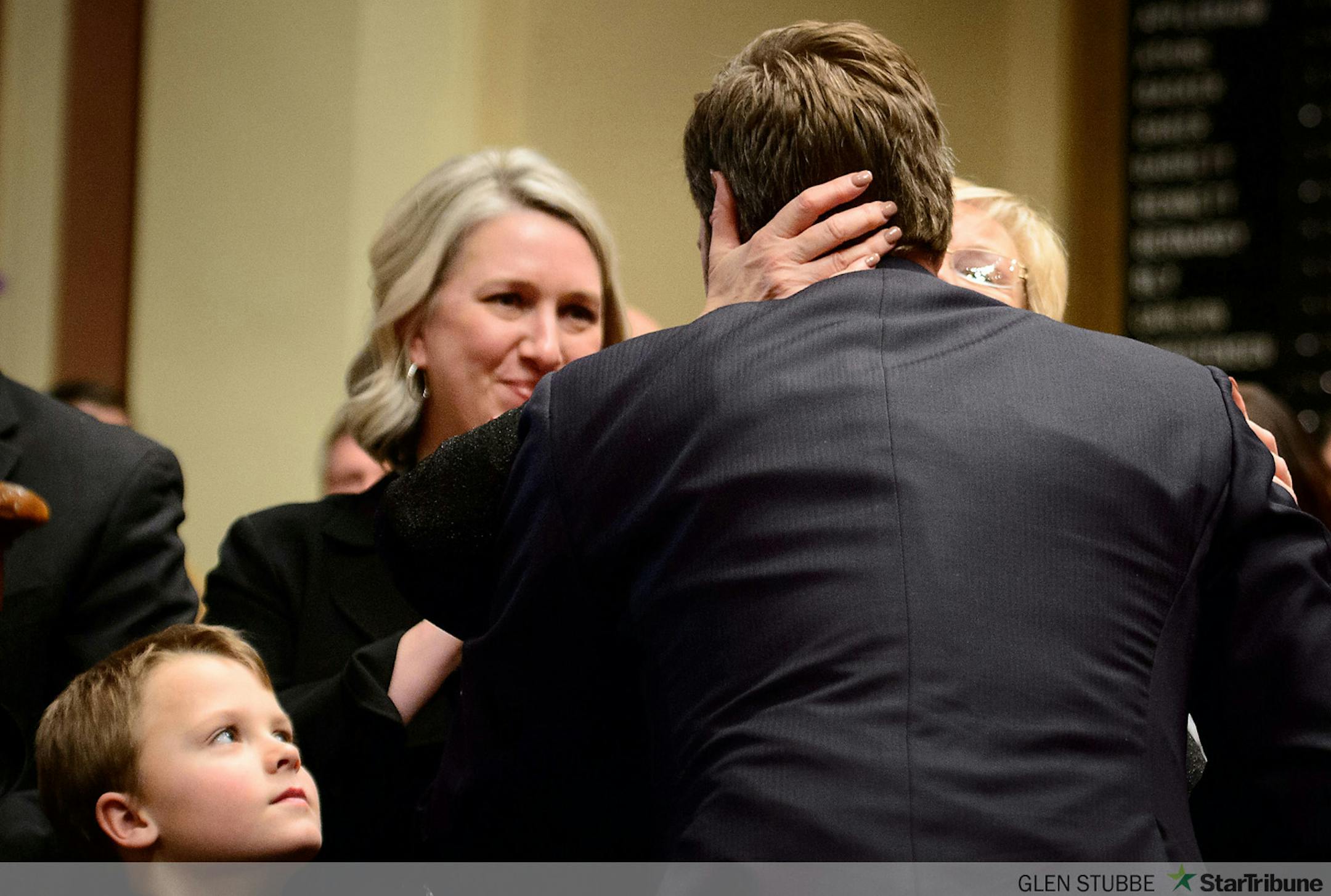Rep. Kurt Daudt got a hug and a kiss from his mom Carol on his way up to the podium after being elected House Speaker. On the left is nephew Nicholas and sister Melissa.    ]   GLEN STUBBE * gstubbe@startribune.com   Tuesday, January 6,  2015  The Minnesota House and Senate re-convene, with much ceremony, family and guests. In the House, Speaker Kurt Daudt will take the gavel back for the GOP.    ]   GLEN STUBBE * gstubbe@startribune.com   Tuesday, January 6,  2015  The Minnesota House and Senate re-convene, with much ceremony, family and guests. In the House, Speaker Kurt Daudt will take the gavel back for the GOP.
