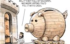 Sack cartoon: Trojan piggy bank