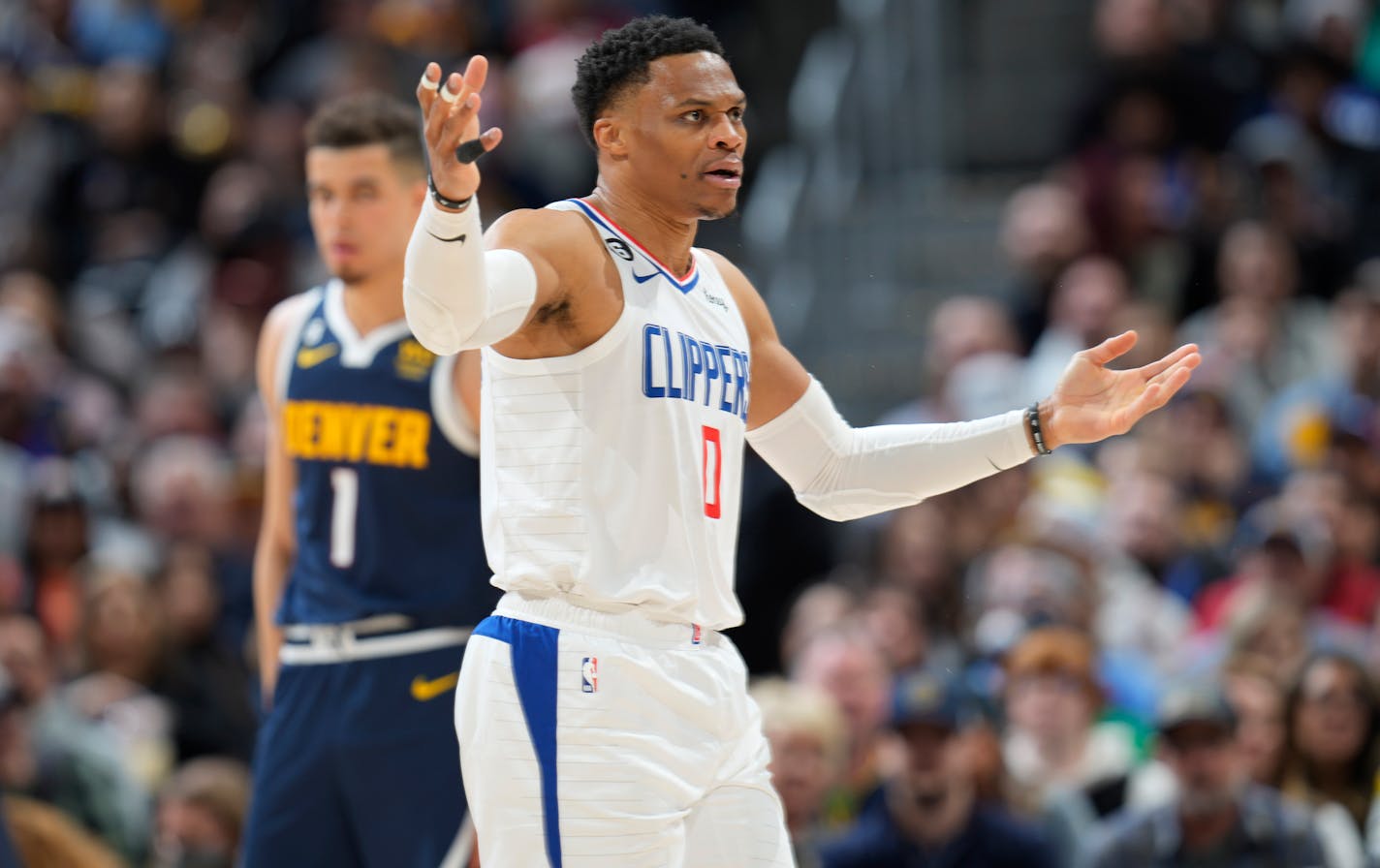 Los Angeles Clippers guard Russell Westbrook argues for a call in the first half of an NBA basketball game against the Denver Nuggets, Sunday, Feb. 26, 2023, in Denver. (AP Photo/David Zalubowski)