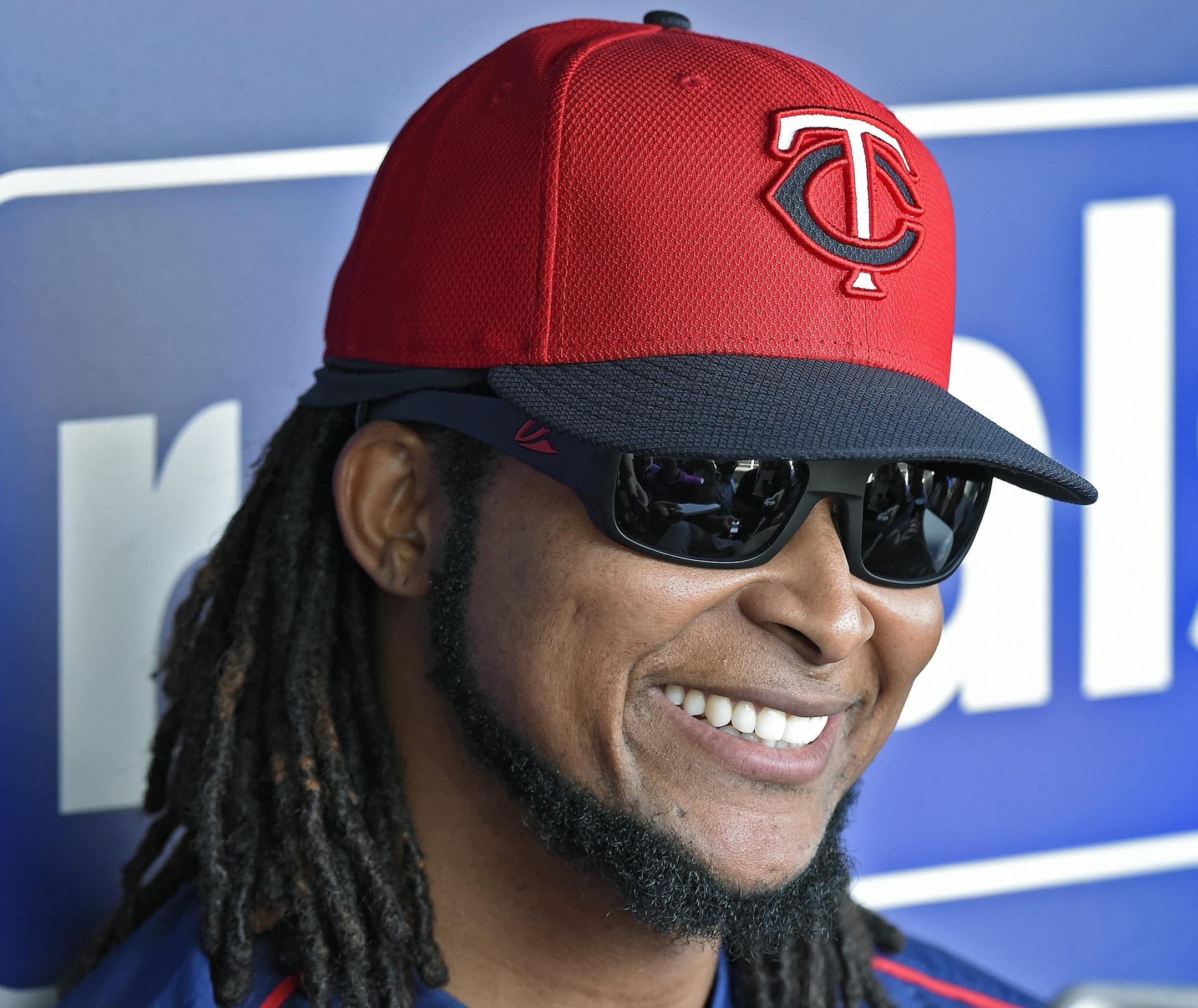 Minnesota Twins pitcher Ervin Santana speaks with the media, after rejoining the team from an 80-game suspension after testing positive for steroids, before Saturday's game against the Kansas City Royals, on July 4, 2015, at Kauffman Stadium in Kansas City, Mo. He is expected to start in Sunday's game against the Royals. (John Sleezer/Kansas City Star/TNS)