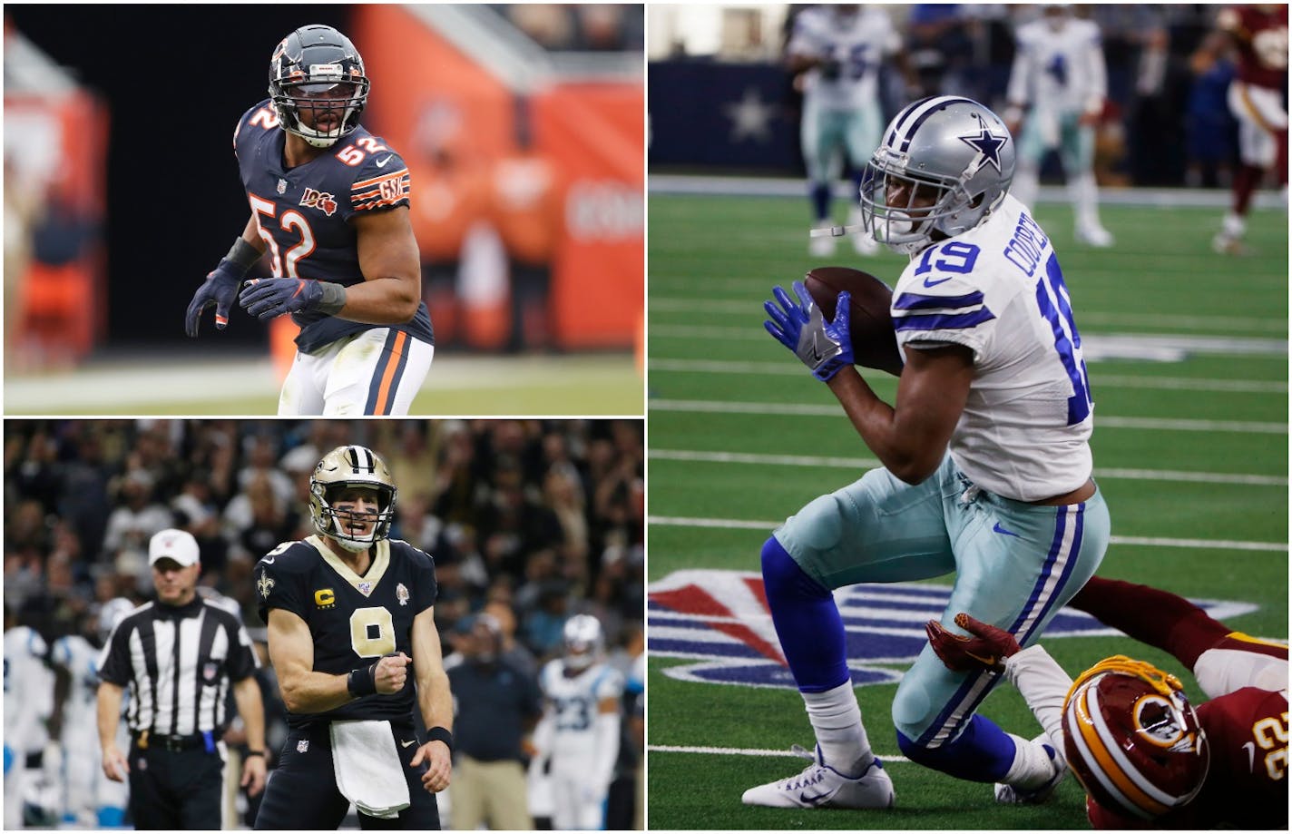 The second half of the schedule has the Vikings playing (clockwise from top left) a Monday night Week 10 game in Chicago vs. Kahlil Mack and the Bears, then a home game against Amari Cooper and Dallas followed by Christmas Day vs. Drew Brees and the Saints in New Orleans