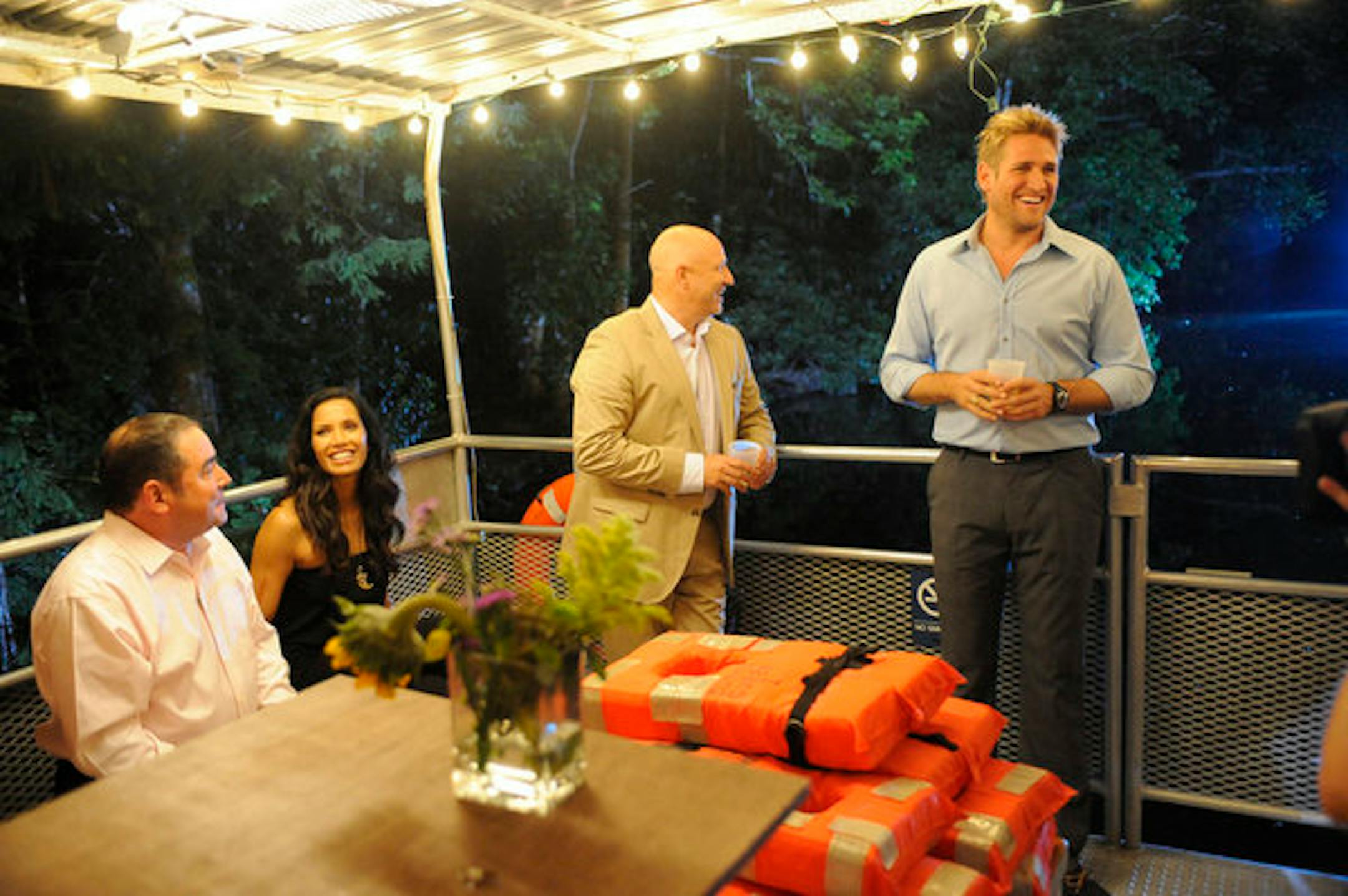 TOP CHEF -- "Soiree in the Swamps" Episode 1101 -- Pictured: (l-r) Emeril Lagasse, Padma Lakshmi, Tom Colicchio, Curtis Stone -- (Photo by: David Moir/Bravo)