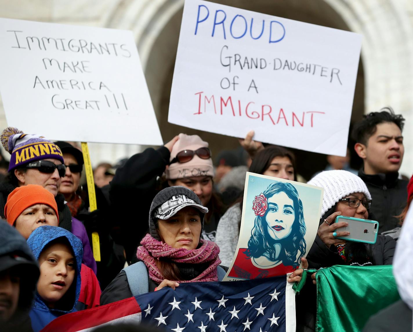 Participants in the "Day Without Immigrants" fill the steps outside the Minnesota State Capitol Thursday.