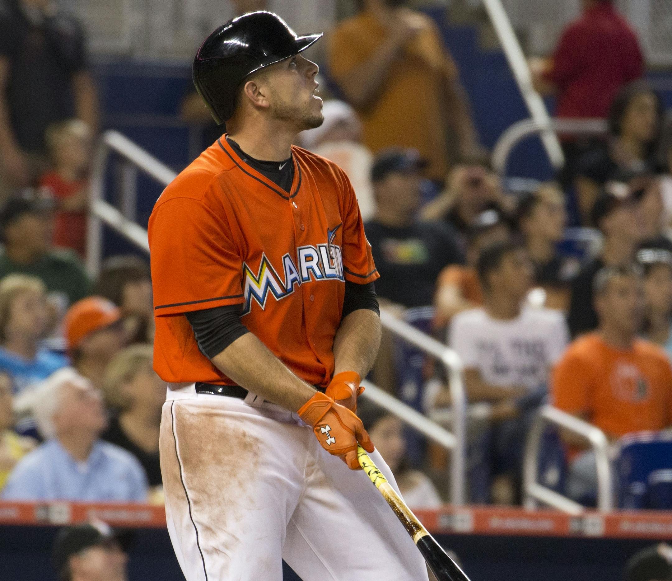 Miami Marlins' Jose Fernandez (16) watches his home run during the fifth inning of a baseball game against the San Francisco Giants in Miami, Thursday, July 2, 2015. (AP Photo/J Pat Carter)