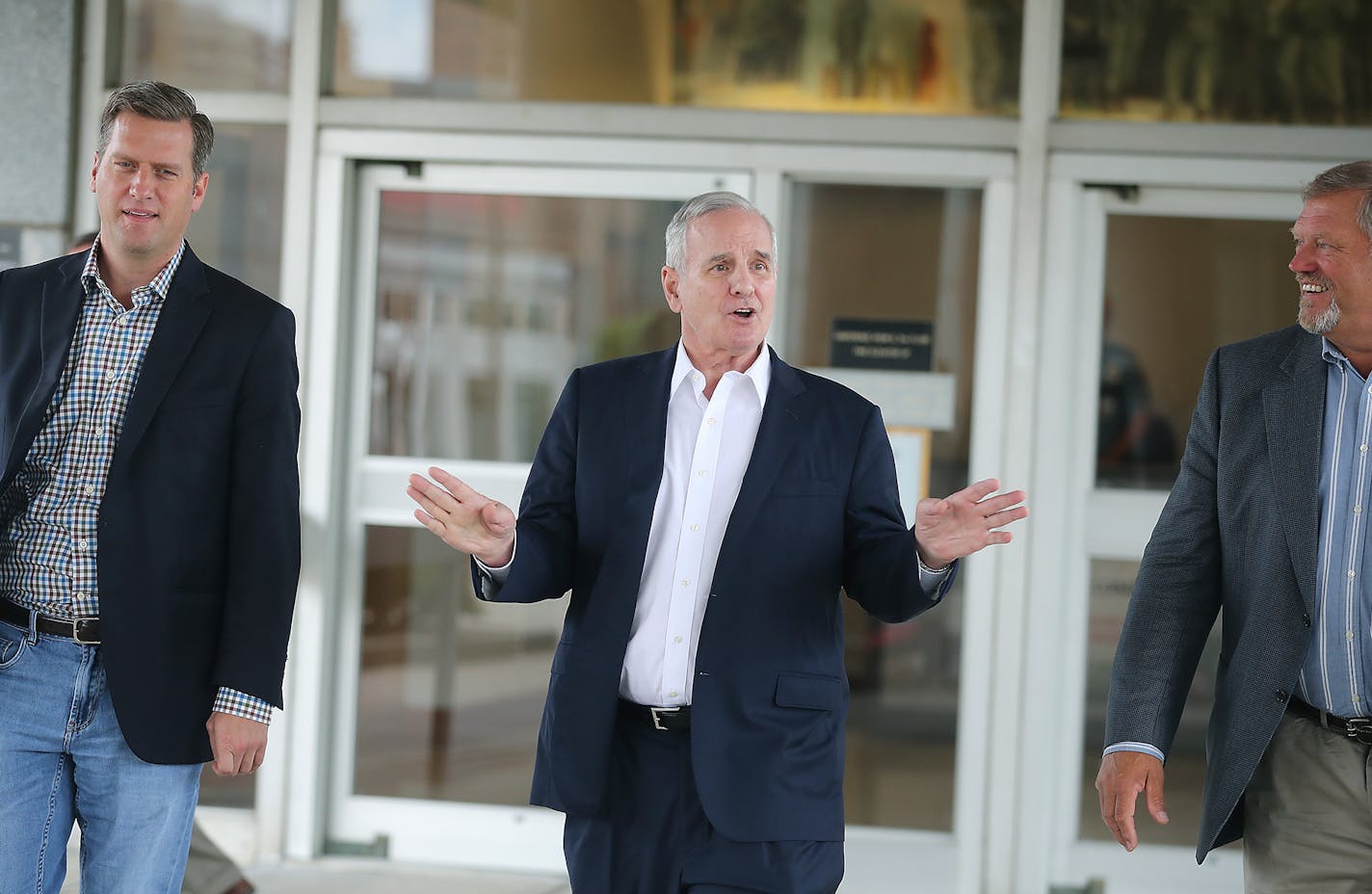 Speaker of the House Kurt Daudt, left, Governor Mark Dayton, center, and Senator Thomas Bakk, made their way out of the Veterans building at the Capitol campus followed after discussing a possible special session, Friday, August 12, 2016 in St. Paul, MN. ] (ELIZABETH FLORES/STAR TRIBUNE) ELIZABETH FLORES &#x2022; eflores@startribune.com