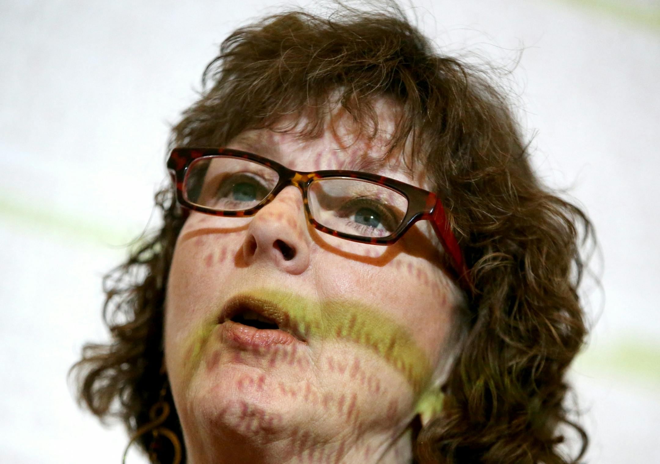 Laurel Watt is worried that proposed legislation would eliminate classes like her developmental reading class at Inver Hills Community College, that teach reading skills to struggling students -- half of the students in her class who are non-native English speakers. Here, Watt used an overhead projector to help teach students how to figure out what goes on in the text to enhance their chances of success when reading college level text books Tuesday, March 17, at Inver Hills Community College in