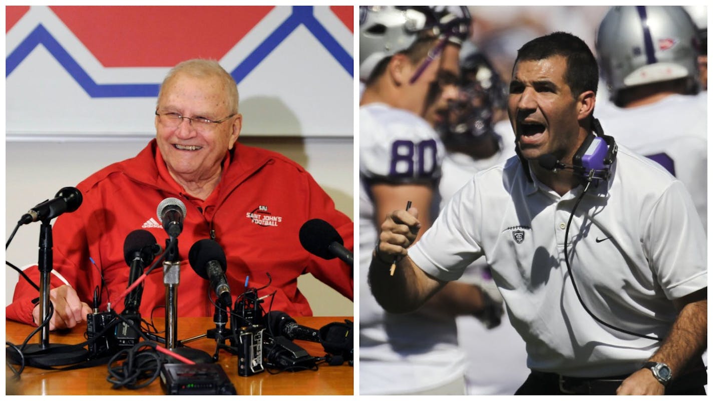 Outrage in the MIAC over football? Nothing new, Patrick Reusse writes: Long before the budding brouhaha over St. Thomas and coach Glenn Caruso, at right, there was outcry over St. John's and its lopsided scores under coach John Gagliardi, left.