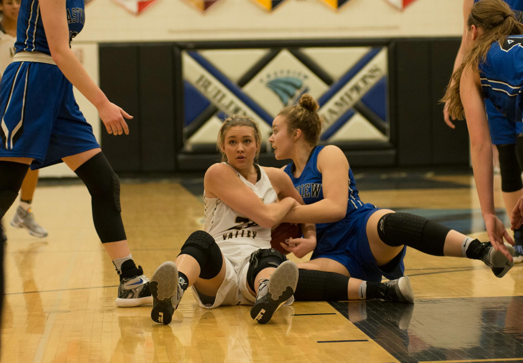 Apple Valley and Eastview tie up over a loose ball (Matthew Hintz, Special to the Star Tribune)