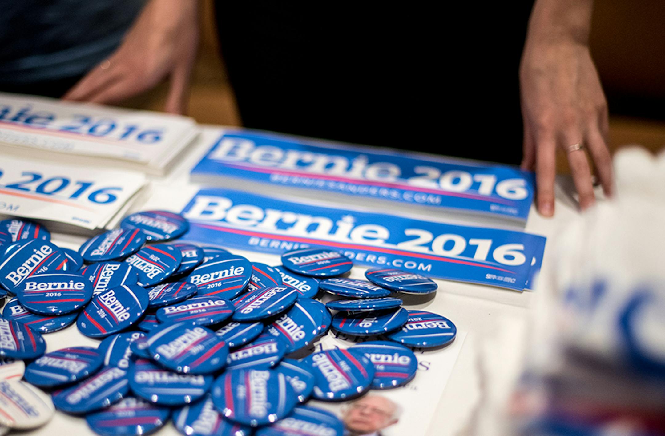 Bernie Sanders buttons, tee shirts and tee shirts were for sale.
