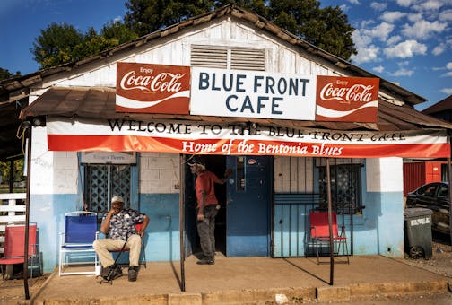 Jimmy "Duck" Holmes, 75 (standing at right) owner of the Blue Front Cafe, talked with his brother Carey Holmes, 82, in front of the cafe in Bentonia, Miss. The cafe is on the Mississippi Blues Trail and is considered the oldest active surviving juke joints in Mississippi.