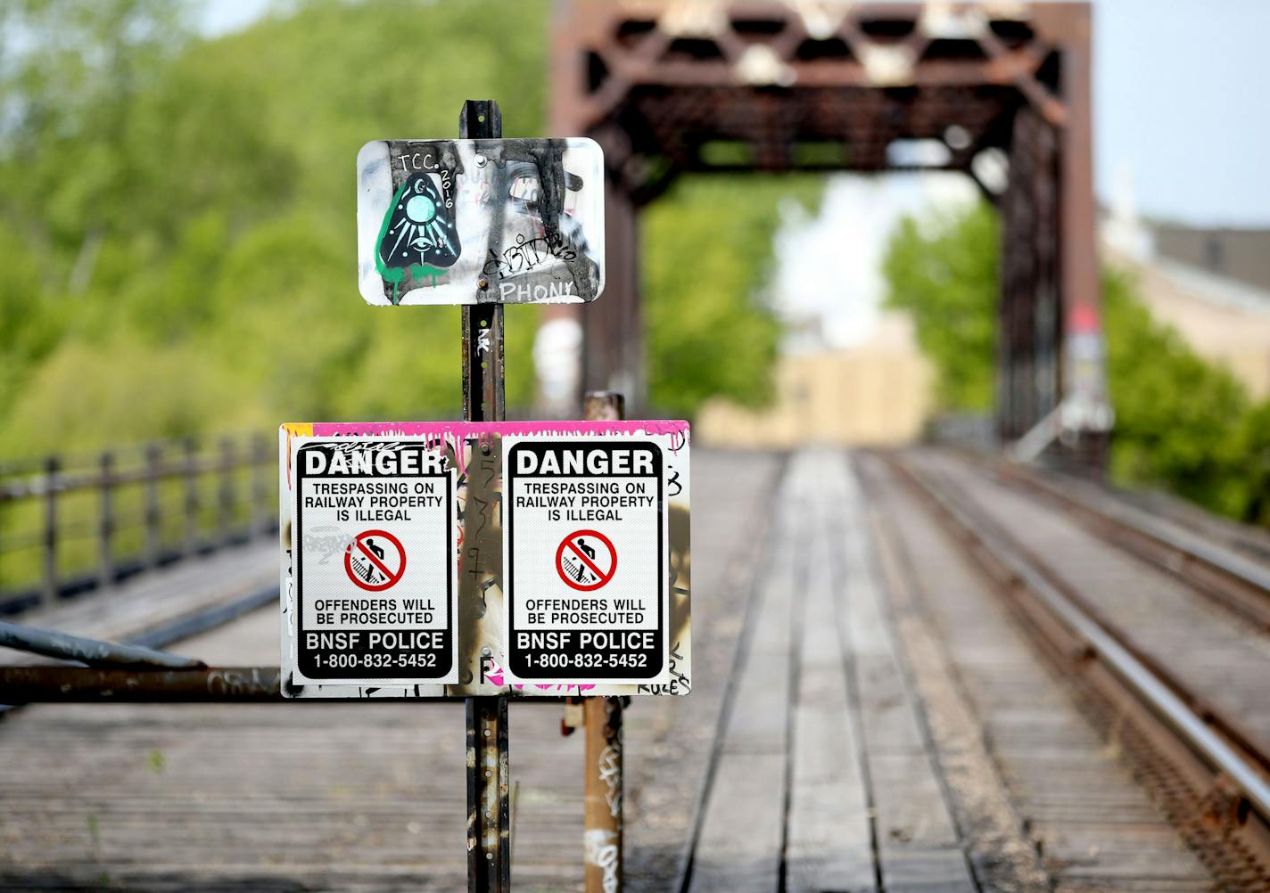 A railroad bridge in north Minneapolis is gaining stature as a potentially important recreational crossing for redevelopment of the upper riverfront, but owner BNSF so far says it's not interested. The bridge was seen Tuesday, May 3, 2016, on the Mississippi River in Minneapolis, MN.](DAVID JOLES/STARTRIBUNE)djoles@startribune.com The bridge was identified in the RiverFirst plan for the river as a potential bike-foot crossing, and plans are proceeding for connecting something called the Great No