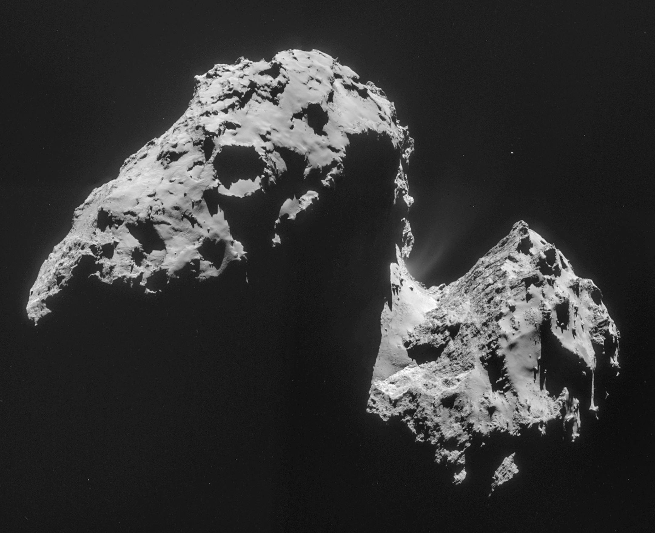 The image comprised of four images taken with the navigation camera on Rosetta and released by the European Space Agency ESA on Thursday, Nov. 20, 2014 shows comet 67P/Churyumov-Gerasimenko on Nov. 17, 2014 from a distance of 42 km (26 miles) from the center of the comet. The mystery of where Earth&#x2019;s water came from has gotten murkier, with astronomers essentially eliminating one of the chief suspects: comets. The European Space Agency&#x2019;s Rosetta space probe closely examined the typ