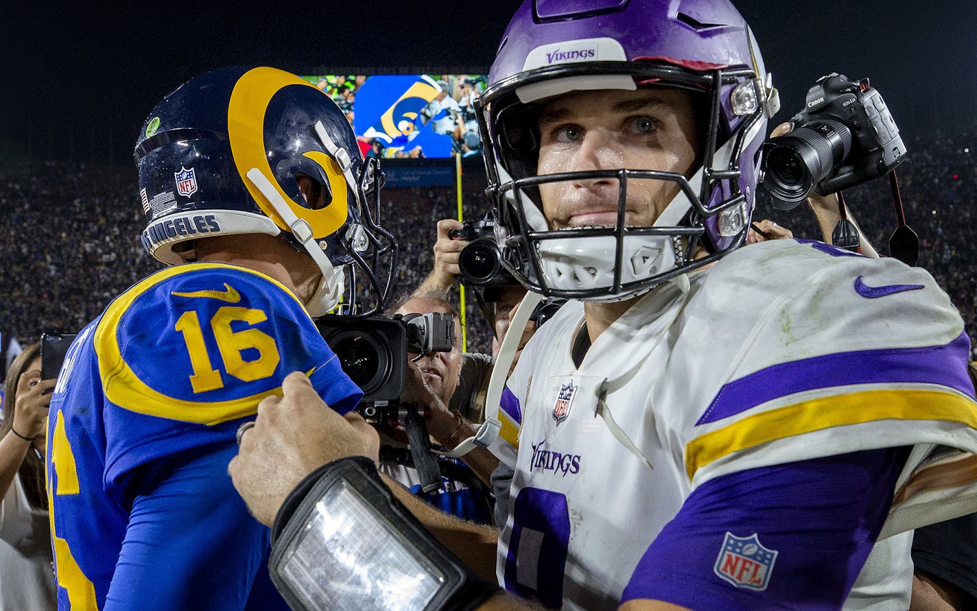 Kirk Cousins and Jared Goff greeted each other at the end of the game. The Rams beat the Vikings by a final score of 38-31. ] CARLOS GONZALEZ &#xef; cgonzalez@startribune.com &#xf1; September 2, 2018, Los Angeles, CA, LA Memorial Coliseum, NFL, Minnesota Vikings vs. Los Angeles Rams