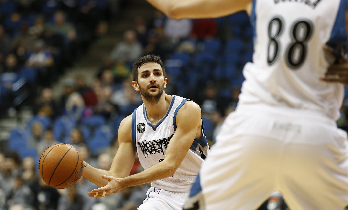 Minnesota Timberwolves guard Ricky Rubio (9) looks to pass the ball against Toronto Raptors in the first half of an NBA basketball game Wednesday, Feb. 10, 2016, in Minneapolis. (AP Photo/Stacy Bengs)