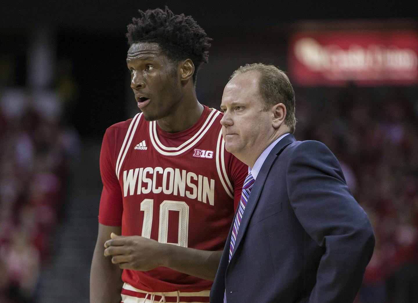 10 February 2016: Wisconsin Badgers forward Nigel Hayes (10) talks with Wisconsin Badgers intern head coach Greg Gard during a break in action as the Wisconsin Badgers defeat the Nebraska Cornhuskers (72-61) at the Kohl Center in Madison, WI. (Photo by Dan Sanger/Icon Sportswire) (Icon Sportswire via AP Images) ORG XMIT: 258340