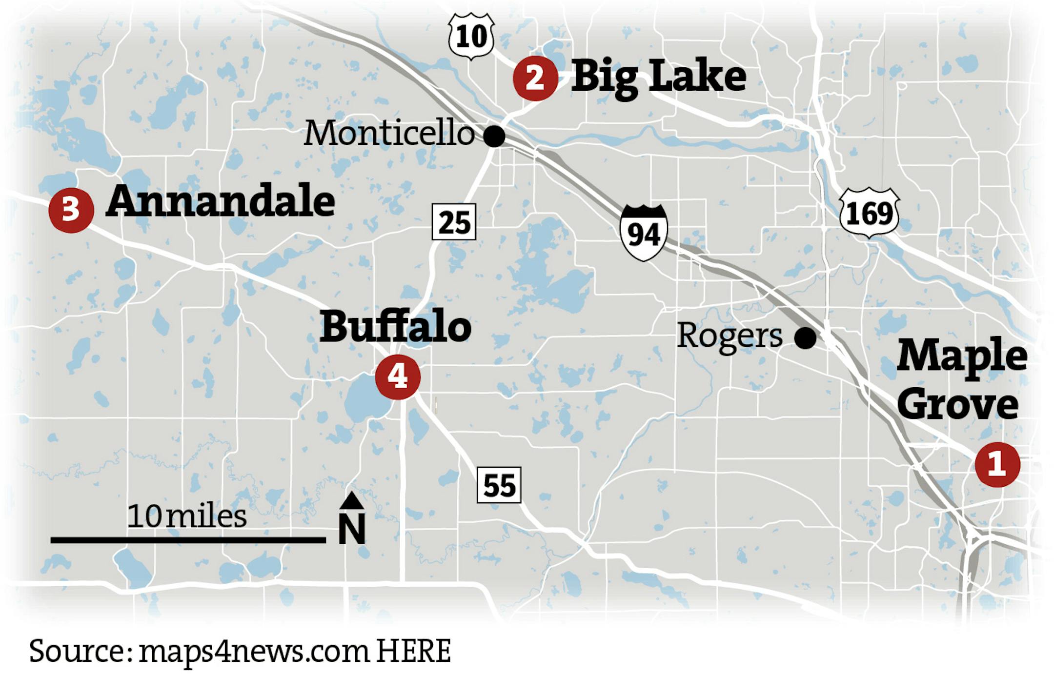 1. Omni Brewing Co., 9462 Deerwood Lane N., Maple Grove, no phone number, omnibrewing.com. Open Wed.-Sun. 2. Lupulin Brewing, 570 Humboldt Dr., #107, Big Lake, Minn., 763-263-9549, lupulinbrewing.com. Open Wed.-Sun. 3. Spilled Grain Brewhouse, 300 Elm St. E., Annandale, Minn. 612-743-5224, spilledgrainbrewhouse.com. Open Thu.-Sun. 4. Hayes Public House, 112 1st St. S., Buffalo, Minn., 763-746-6389, hayespublichouse.com. Open Wed.-Sun.