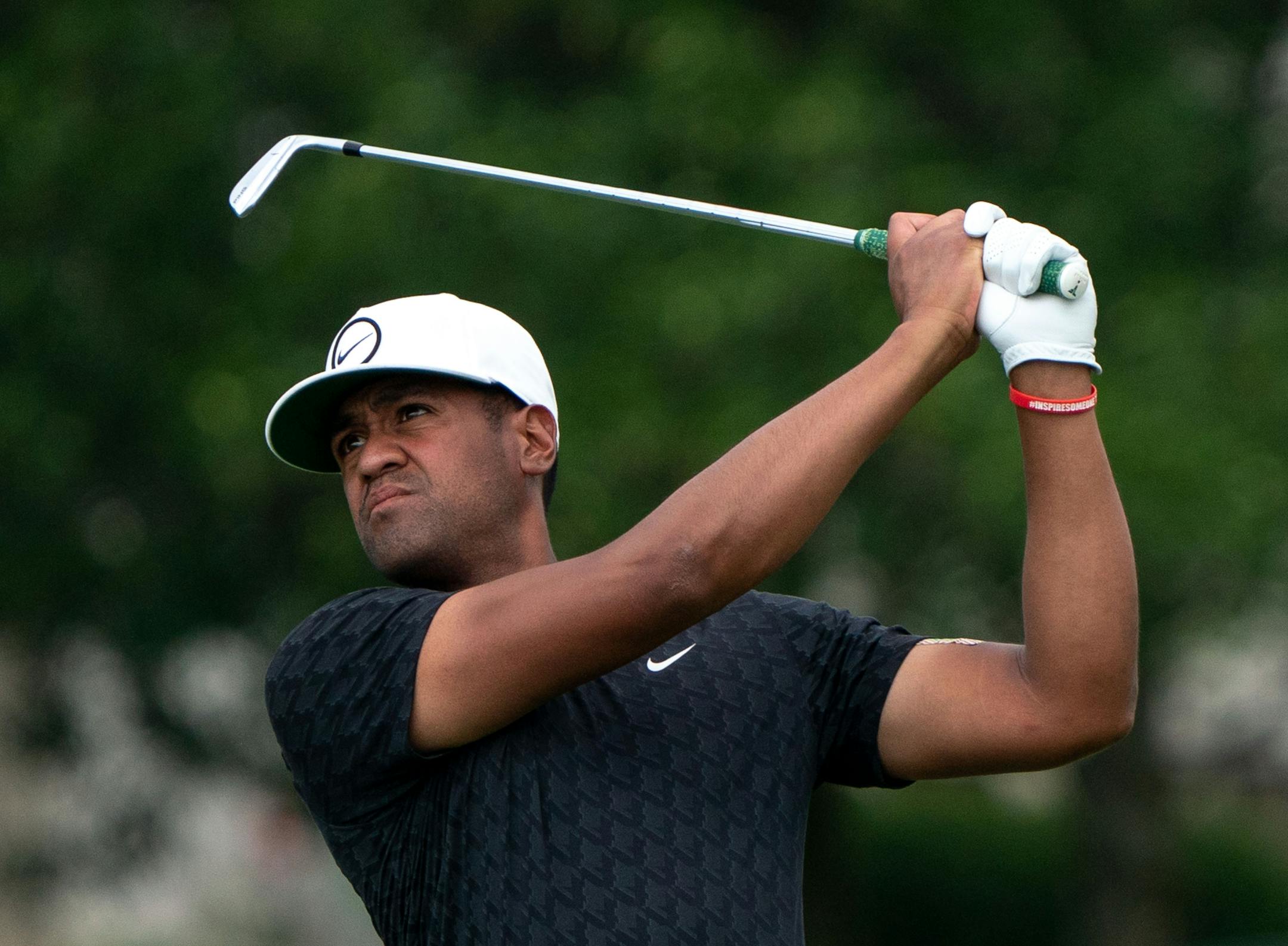 Tony Finau takes a shot on the ninth hole during the 3M Open.