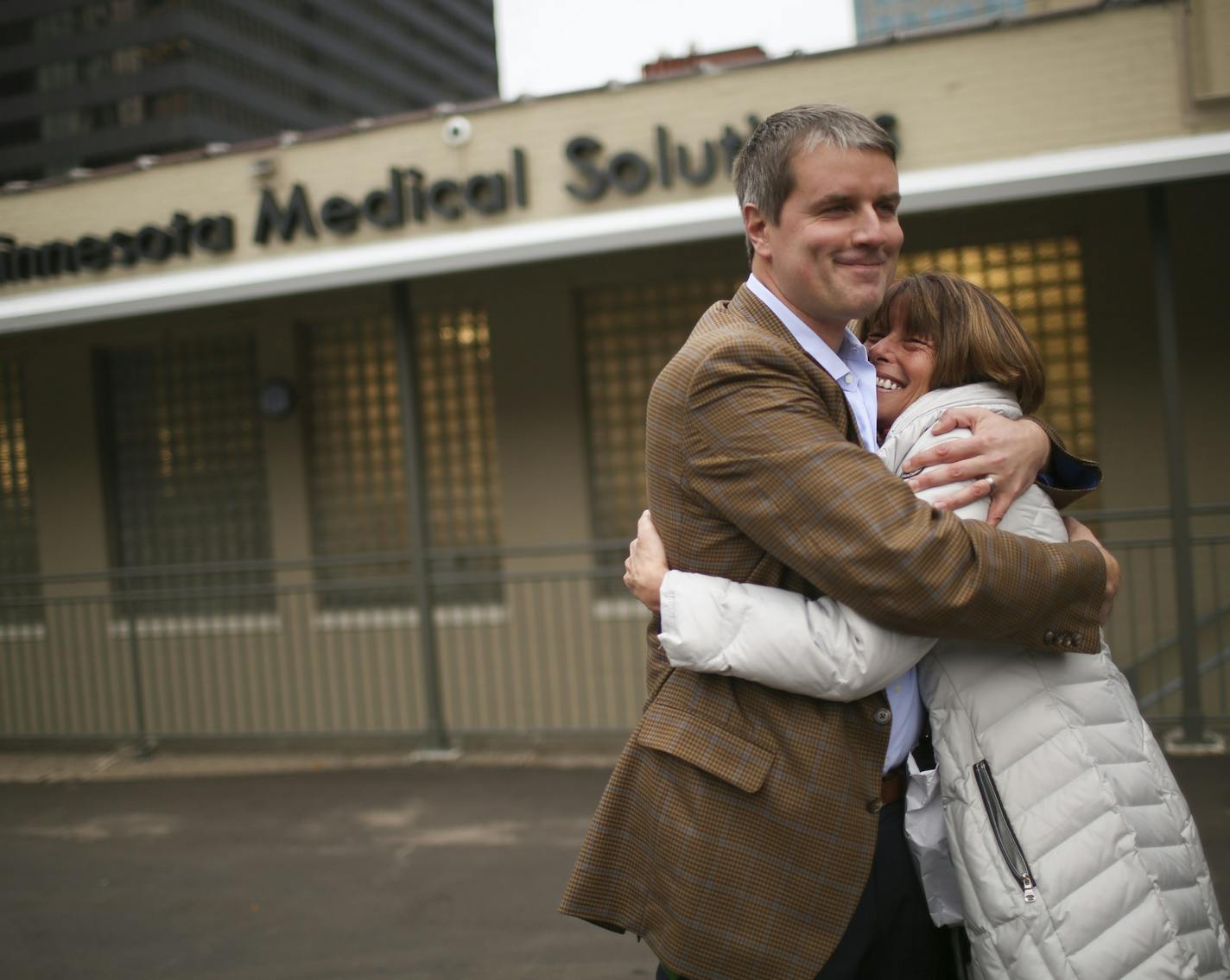 Kim Kelsey hugged Dr. Kyle Kingsley, CEO of Minnesota Medical Solutions, after he concluded his news conference on the expansion of Minnesota's medical marijuana program to pain patients outside his office Wednesday afternoon. Kelsey just happened to be in the office to pick up a prescription of cannabis oil for her son, who uses it to help manage seizures. ] JEFF WHEELER &#xef; jeff.wheeler@startribune.com Dr. Kyle Kingsley, CEO of Minnesota Medical Solutions, commented on the expansion of Minn