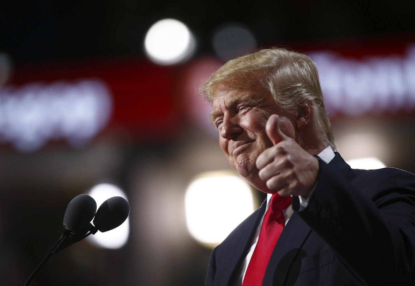 Donald Trump accepts the Republican nomination for president on the final night of the Republican National Convention, at the Quicken Loans Arena in Cleveland, July 21, 2016. (Eric Thayer/The New York Times)