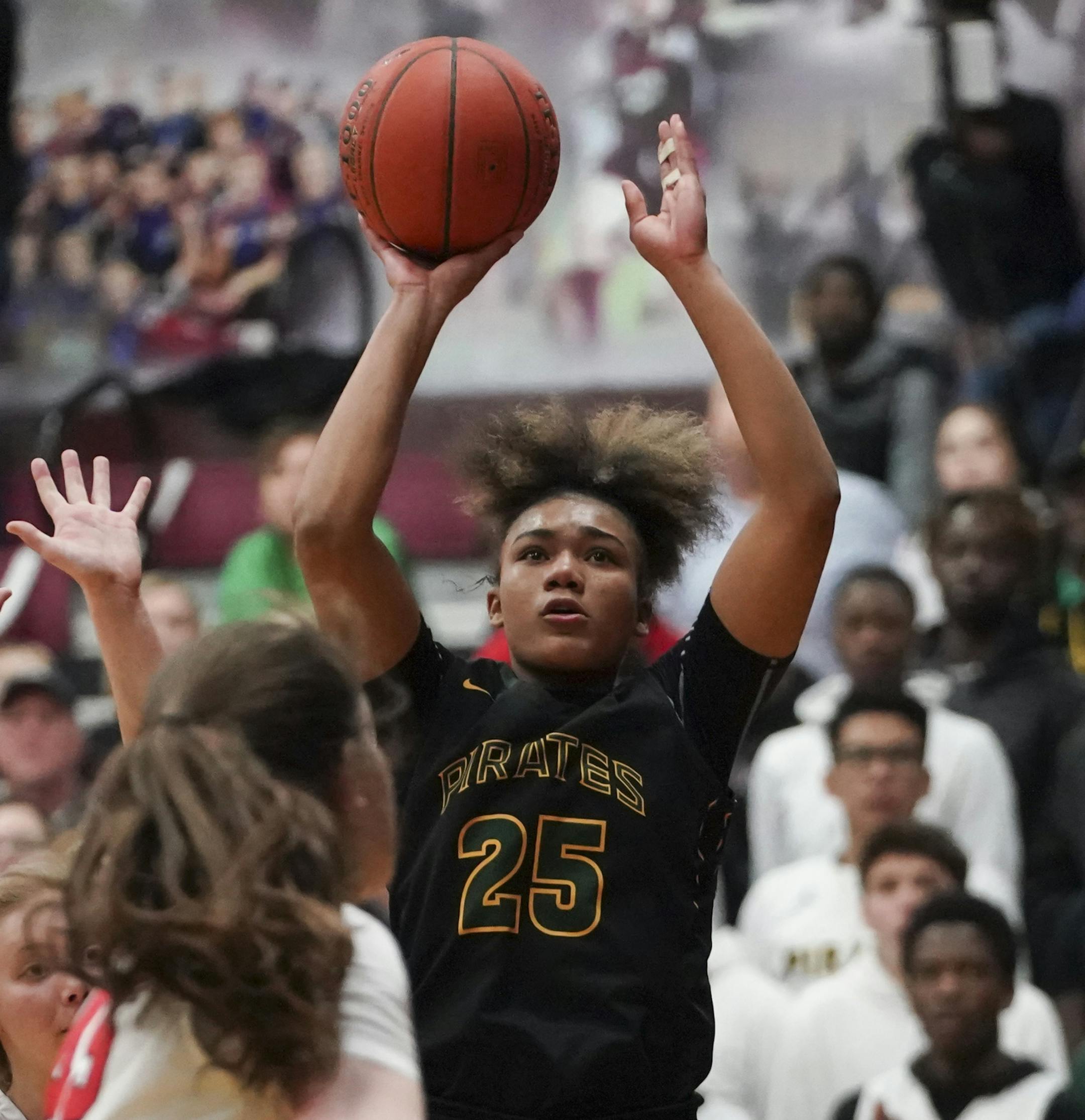 Park Center guard Emma Taschner (25) jumped for a shot in the second half. ] RENEE JONES SCHNEIDER ¥ renee.jones@startribune.com Girls basketball class 4A section final between Centennial High School and Park Center High School at Anoka High School in Anoka, Minn., on Thursday, March 5, 2020.