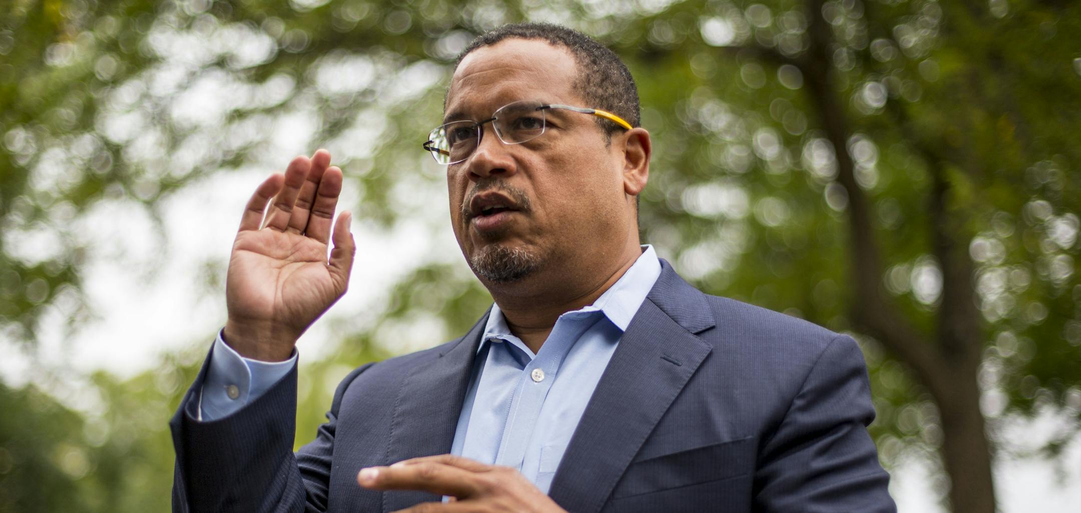 Rep. Keith Ellison addresses his campaign volunteers and supporters before sending them off on a door knocking campaign. ] ALEX KORMANN • alex.kormann@startribune.com Rep. Keith Ellison, currently running for attorney general, was accused of domestic violence and emotional abuse by a former partner. On Friday, Rep. Ellison met with supporters and held a press conference where he denied all allegations. He then kicked off a door knocking campaign on N. James St. while his supporters fanned