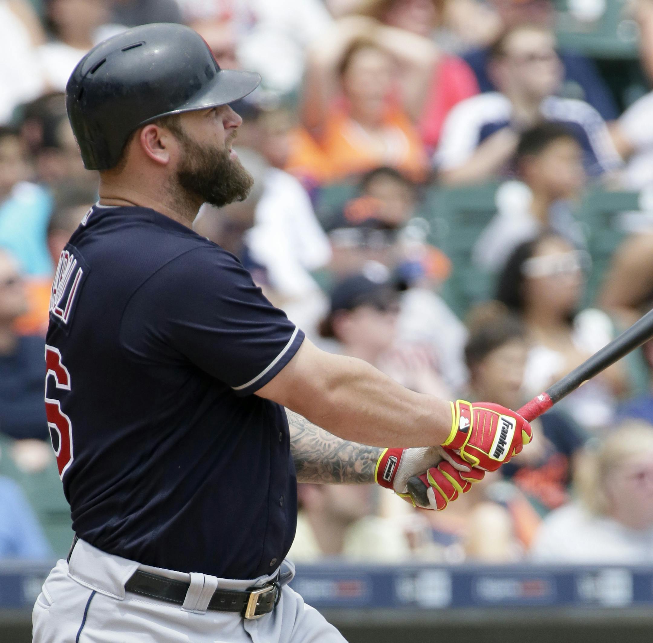 Cleveland Indians' Mike Napoli hits a two-run home run against the Detroit Tigers during the fifth inning of a baseball game Sunday, June 26, 2016, in Detroit. (AP Photo/Duane Burleson)