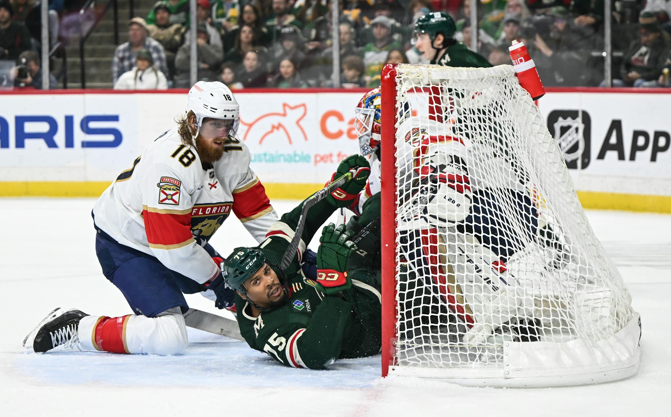 Minnesota Wild right wing Ryan Reaves (75) is pushed into the net of Florida Panthers goaltender Sergei Bobrovsky (72) by defenseman Marc Staal (18) during the first period.
