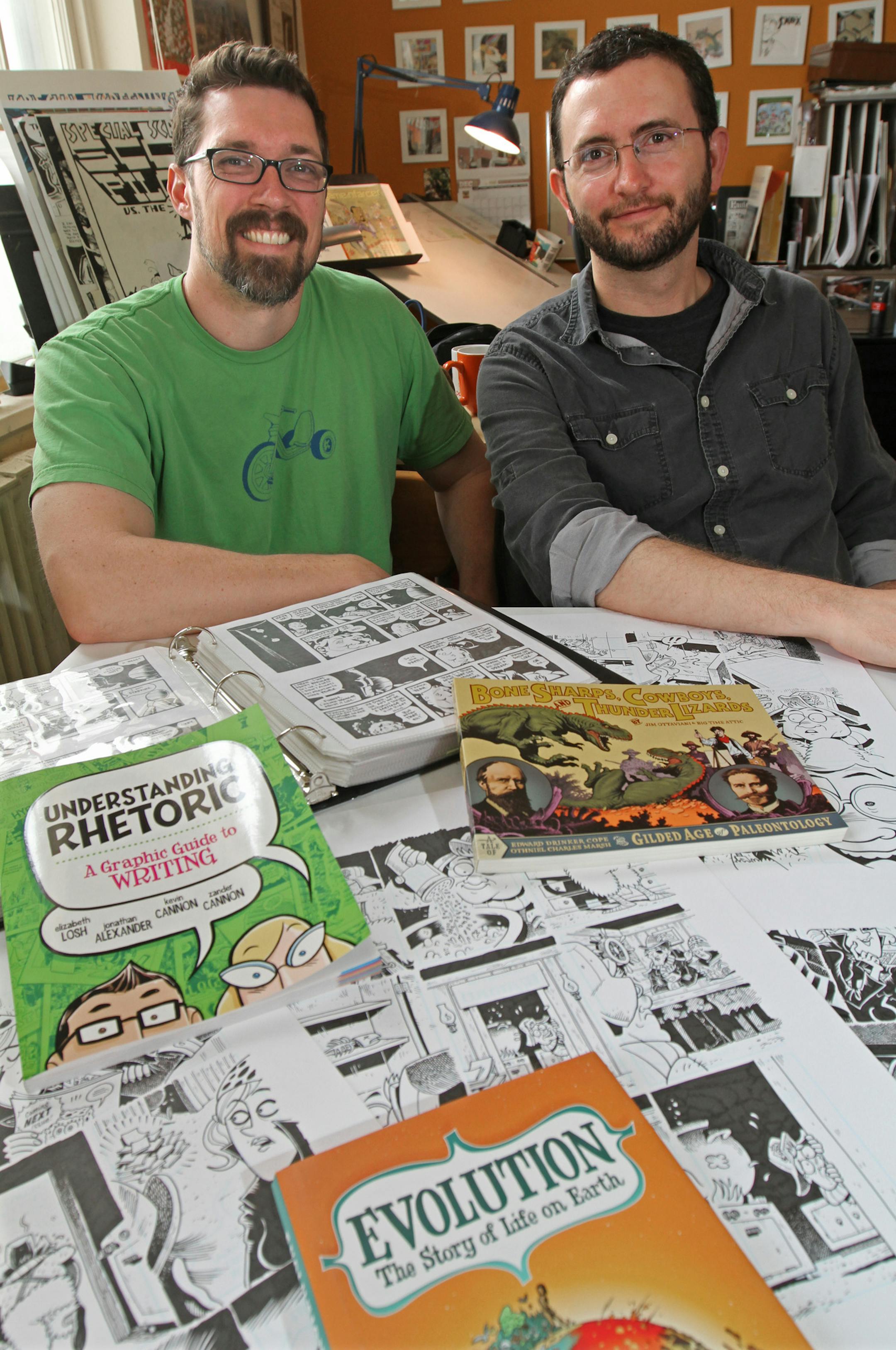 (left to right) Illustrators Zander Cannon and Kevin Cannon were photographed in the Big Time Attic studios in north Minneapolis on 5/8/13. Although illustrators Zander Cannon and Kevin Cannon often are mistaken for brothers, they are not related. But they have formed an unusual artistic collaboration. Zander and Kevin are the co-founders of Big Time Attic, a Minneapolis-based studio in which they produce graphic novels, both fiction and non-fiction, that are drawing increasing nationwide attent