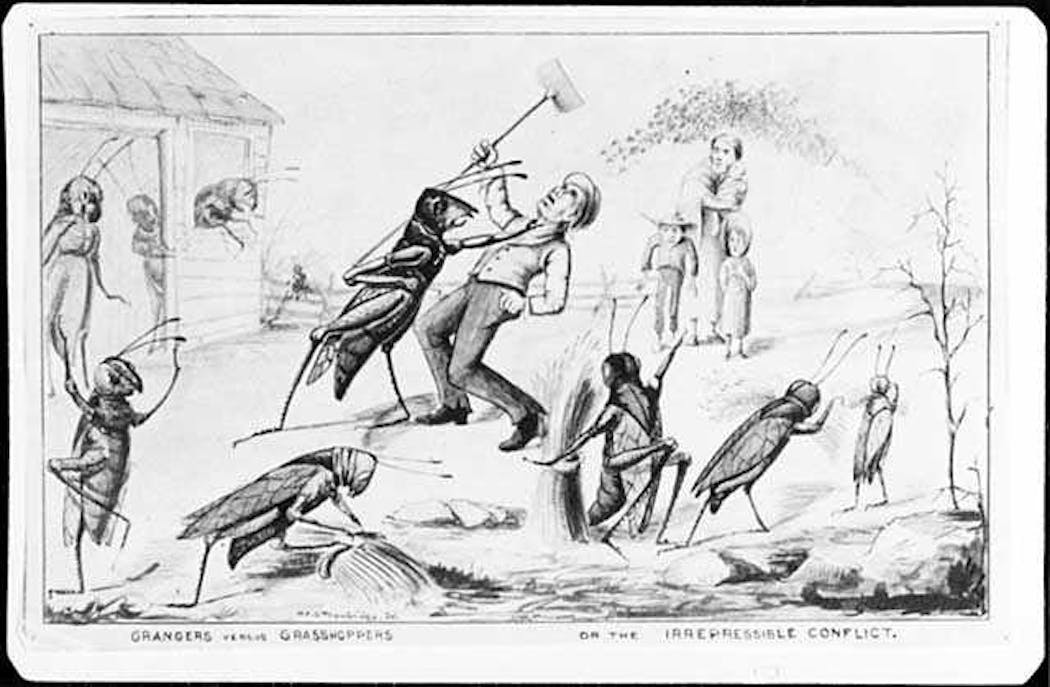 A cartoon from the 1870s — with the caption “Grangers versus Grasshoppers” — showed a grasshopper strangling a farmer.