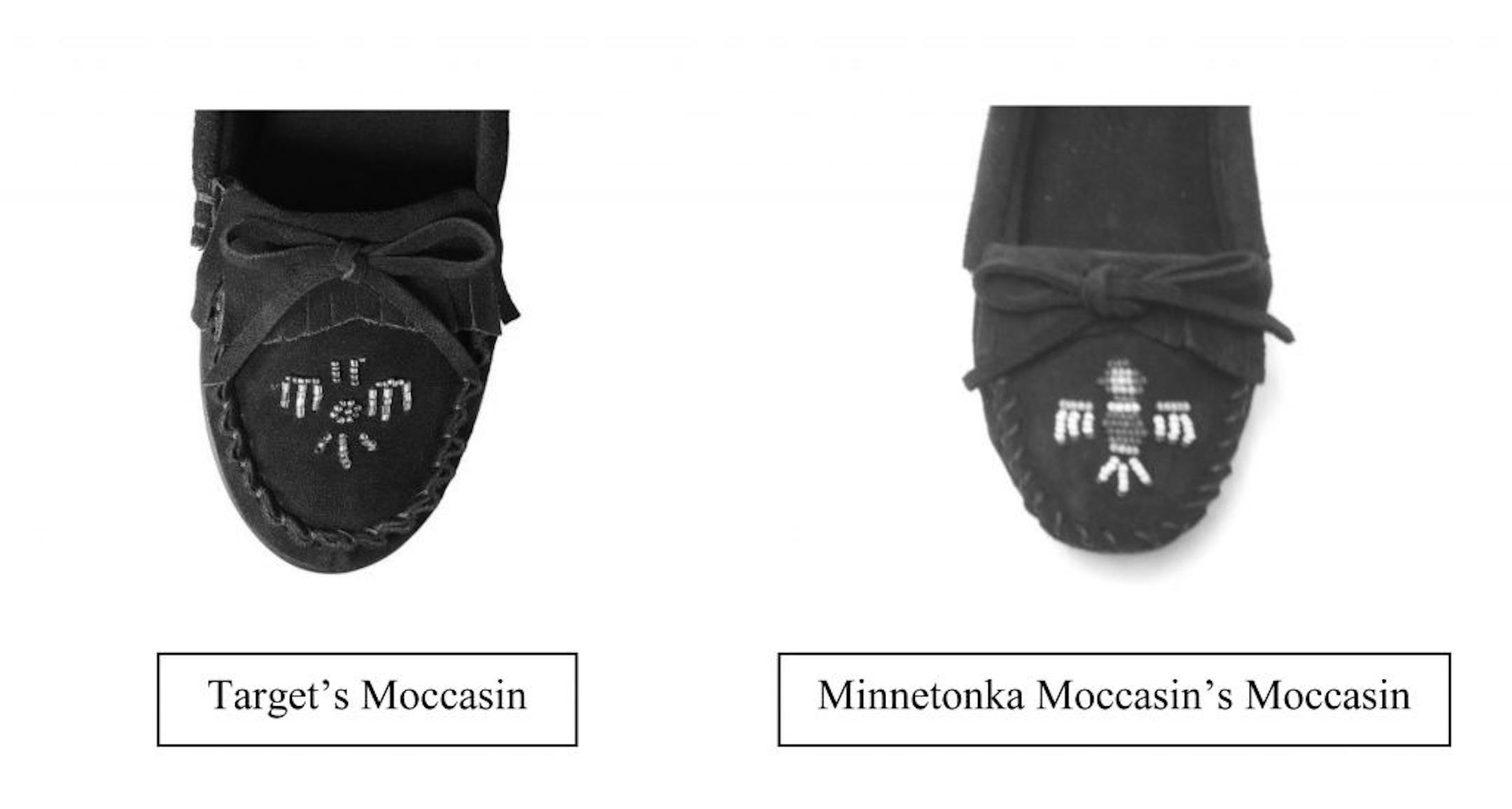 Similar moccasins from Target, left, and Minnetonka Moccasin, right. Photos contained in lawsuit document. Minnetonka Moccasin has sued Target over trademark infringement.