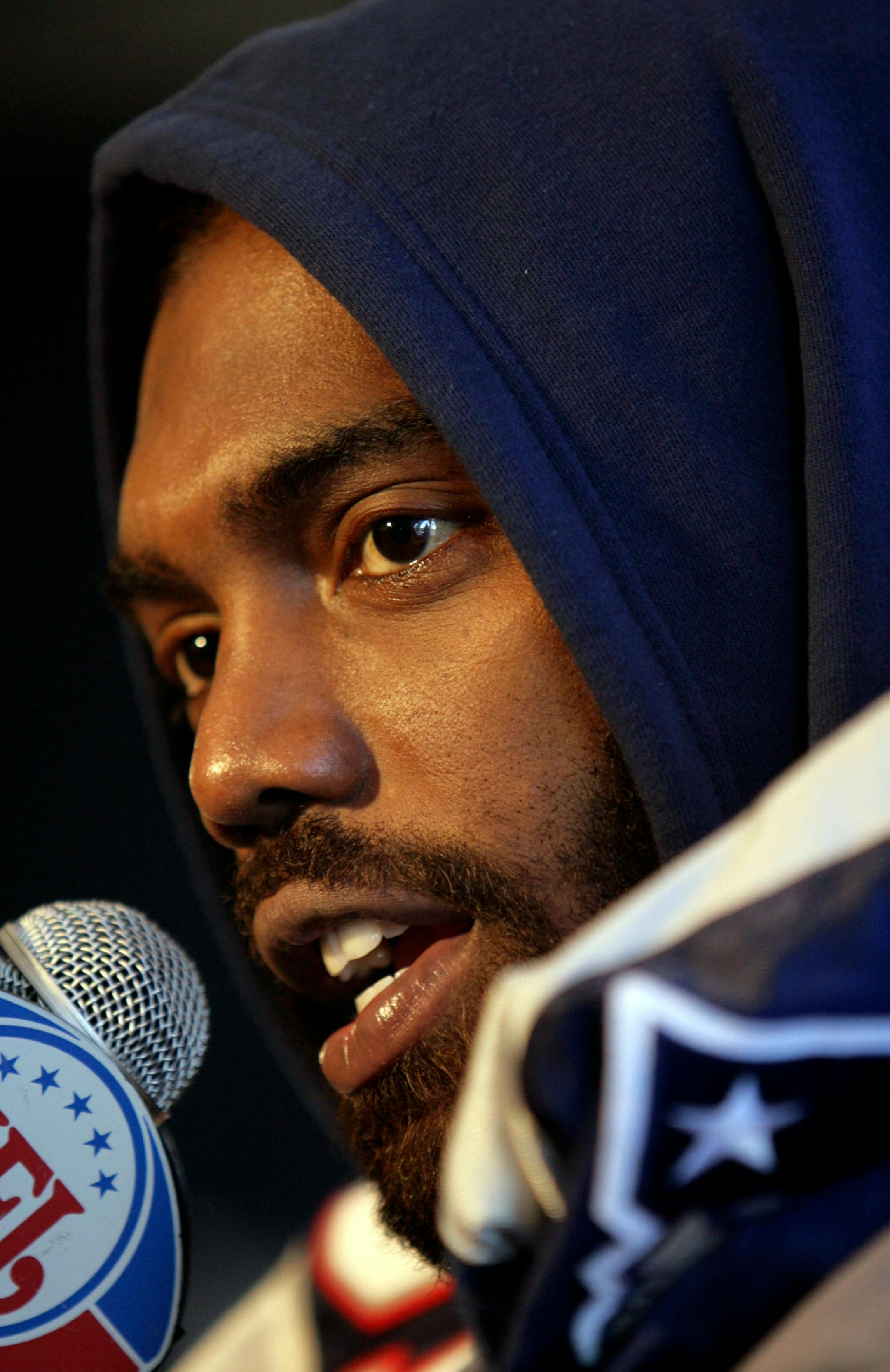 New England Patriots wide receiver Randy Moss during an interview session with the media at the team's hotel, the Westin Kierland Resort and Spa, in Scottsdale, Ariz., Thursday, Jan. 31, 2008. The Patriots play the New York Giants in Super Bowl XLII on Sunday, Feb. 3 in Glendale, Ariz.