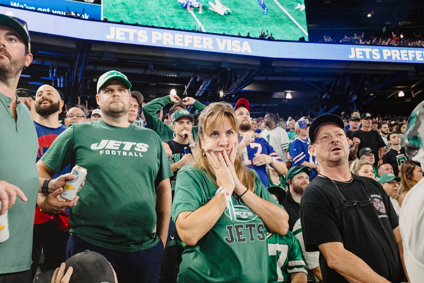 New York Jets fans are deflated after hearing of Aaron RodgersÕs ankle injury at MetLife Stadium in East Rutherford, N.J., on Monday, Sept. 11, 2023. RodgersÕs Jets debut ended with his departure in the first quarter, and his teammates mustered a 22-16 comeback, overtime win. (Sara Naomi Lewkowicz/The New York Times)