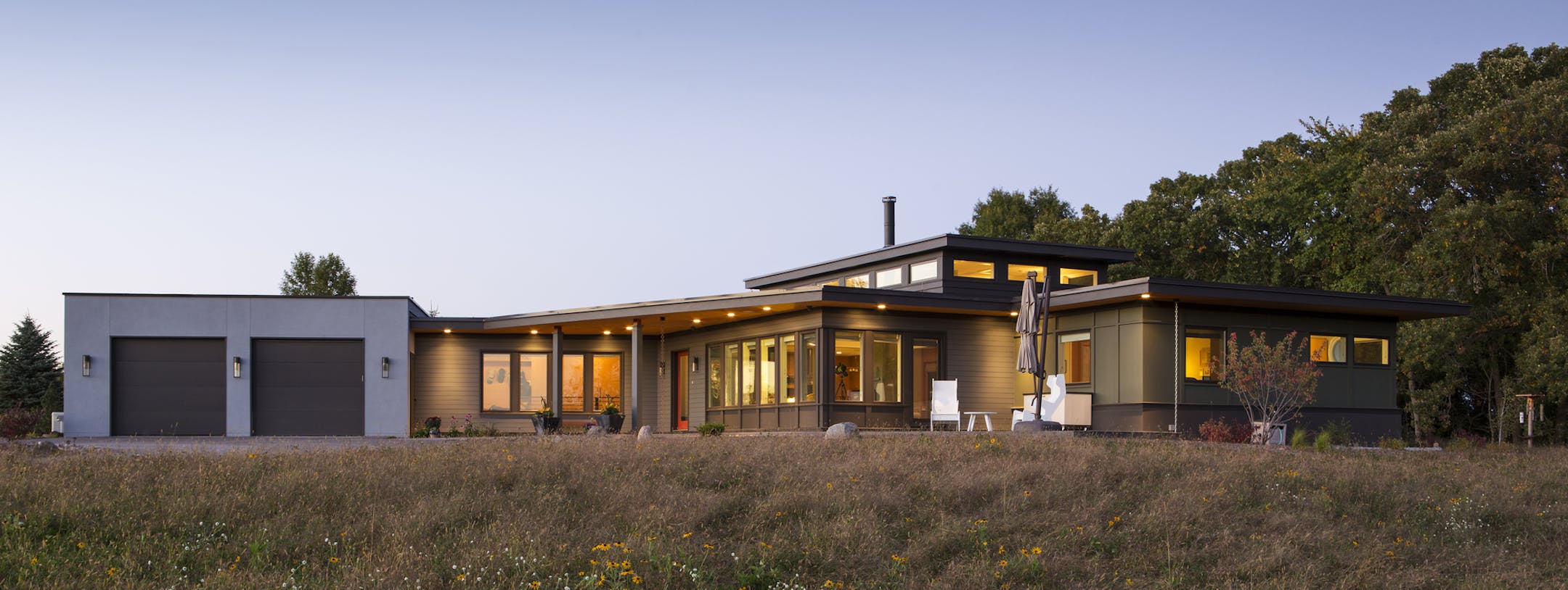 The eco-friendly Lake Elmo residence is surrounded by a restored wildflower prairie.
