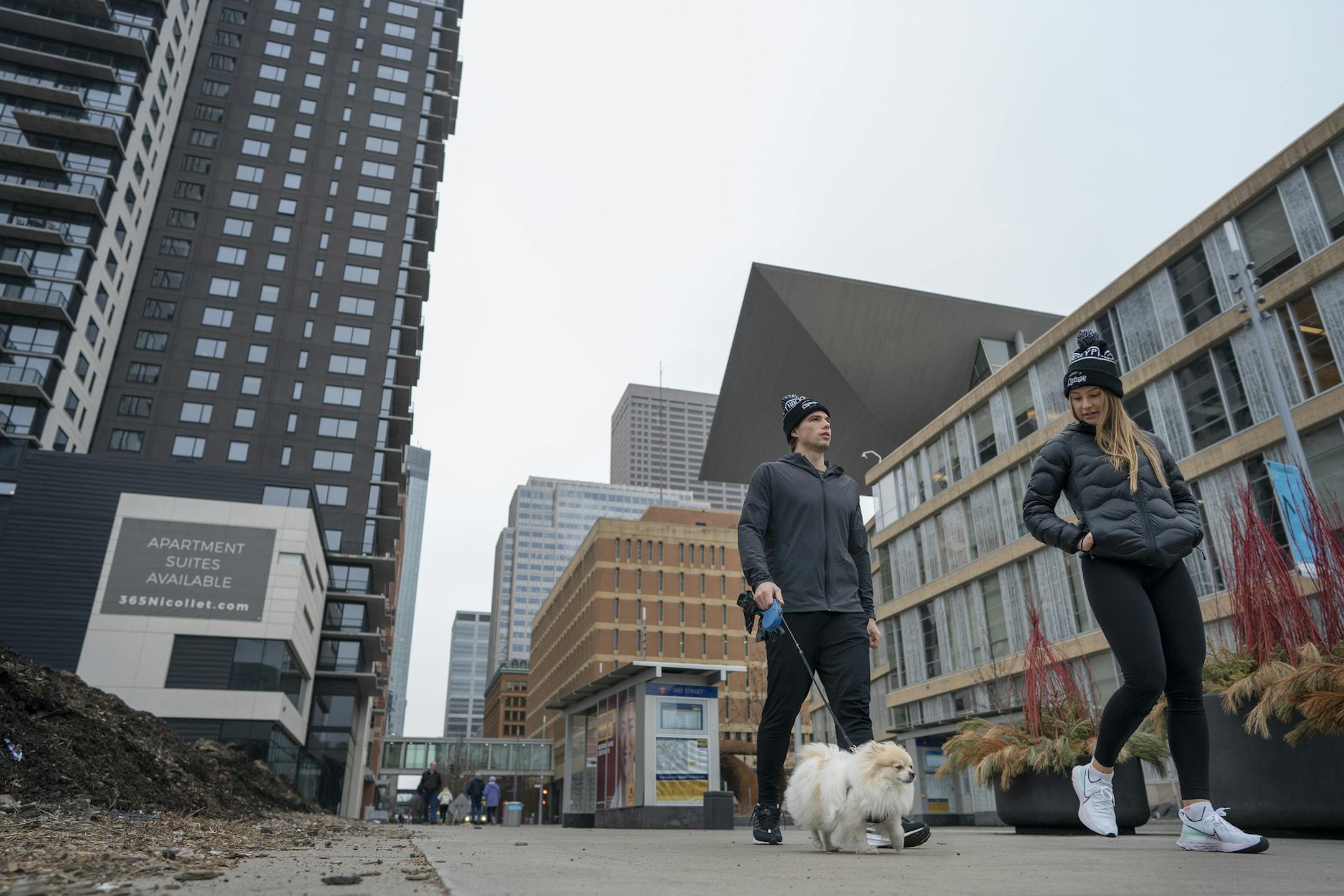 Minnesota Wild scoring leader Kevin Fiala and his girlfriend Jessica Ljung walked his dog Foxi, on the Nicollet Mall .] Jerry Holt •Jerry.Holt@startribune.com Minnesota Wild scoring leader Kevin Fiala is flying home to Switzerland later this week after waiting out the NHL shutdown he walked his dog Foxi on Wednesday March 25, 2020 in Minneapolis , MN.