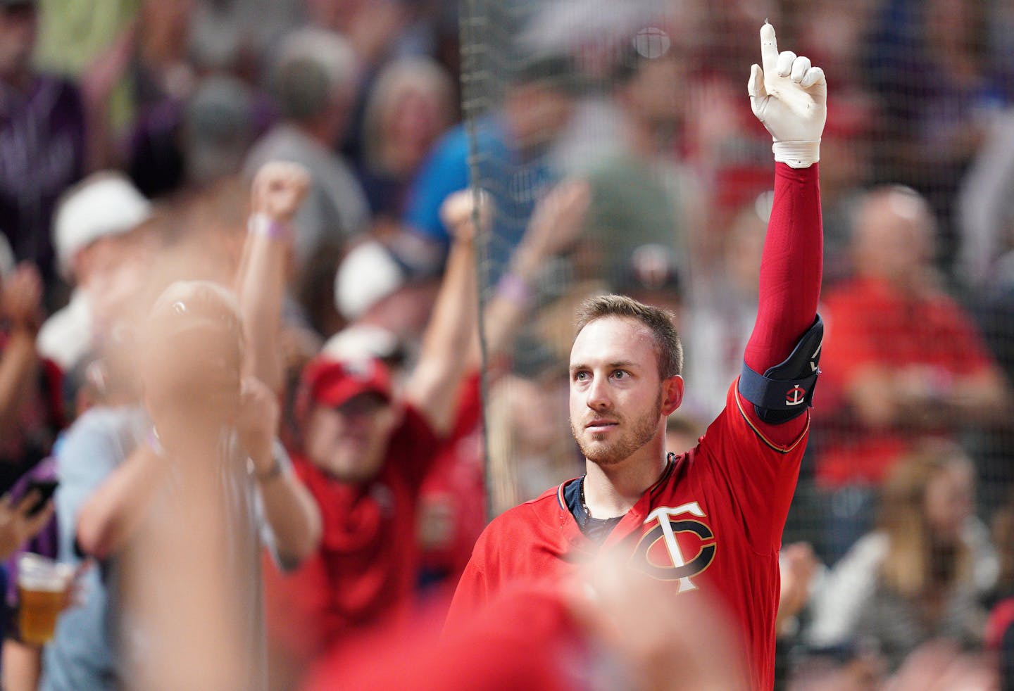 Minnesota Twins catcher Mitch Garver (18) gave a curtain call from the dugout after hitting a game winning, two-run home run in the eighth inning. ] ANTHONY SOUFFLE &#x2022; anthony.souffle@startribune.com The Minnesota Twins played the Kansas City Royals in an MLB game Friday, June 14, 2019 at Target Field in Minneapolis.