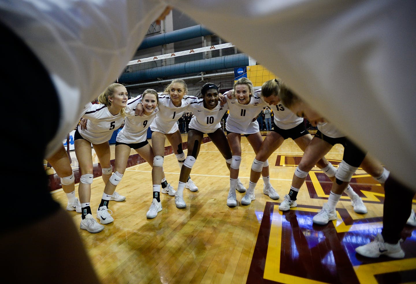 Minnesota players were all smiles in the huddle following their 3-1 victory over University of Northern Iowa Saturday night. ] AARON LAVINSKY &#x2022; aaron.lavinsky@startribune.com The University of Minnesota Golden Gophers volleyball team played University of Northern Iowa in a NCAA tournament game on Saturday, Dec. 2, 2017 at Maturi Pavilion in Minneapolis, Minn.