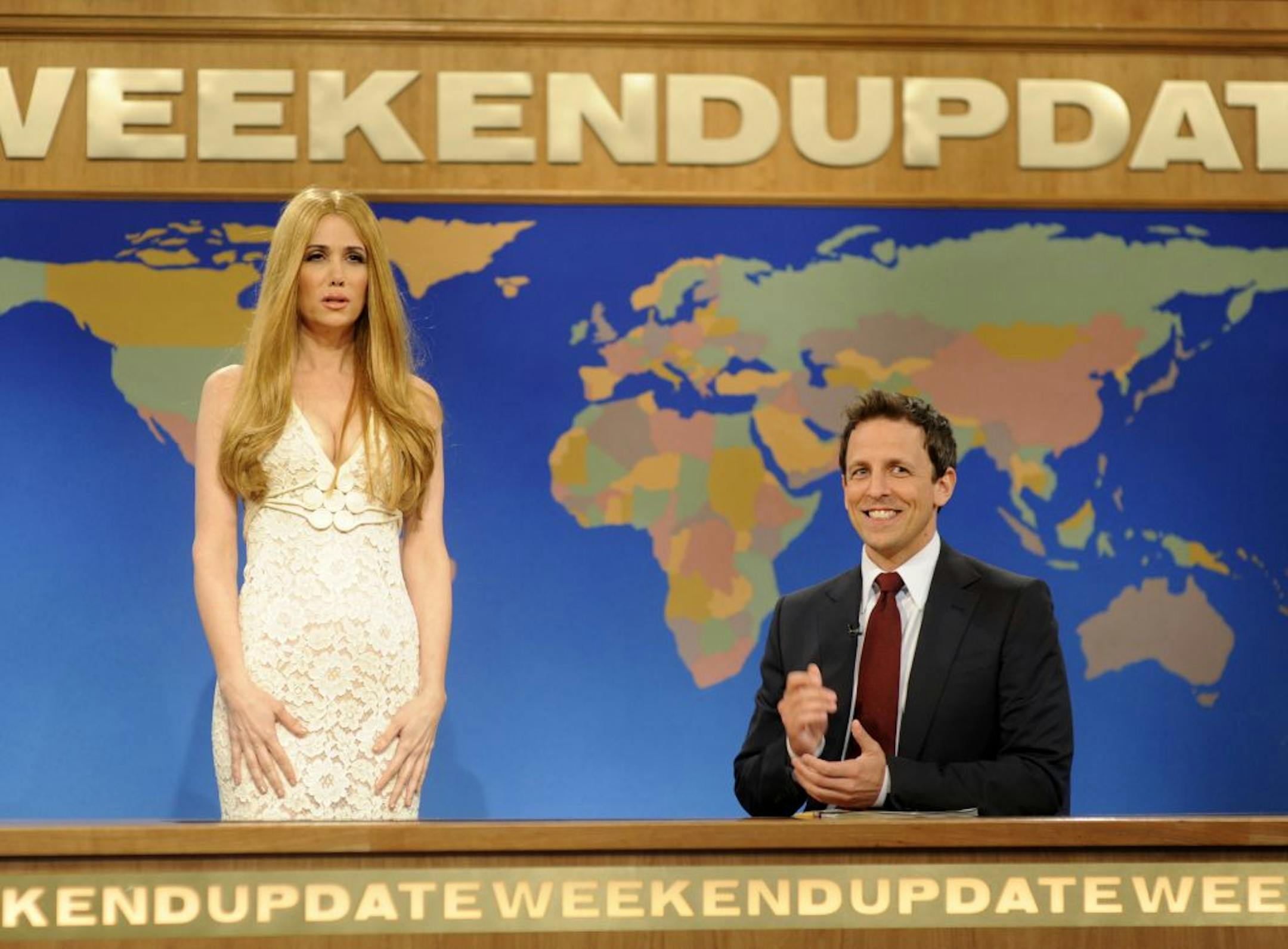 Kristen Wiig and Seth Meyers during a skit from "Saturday Night Live."