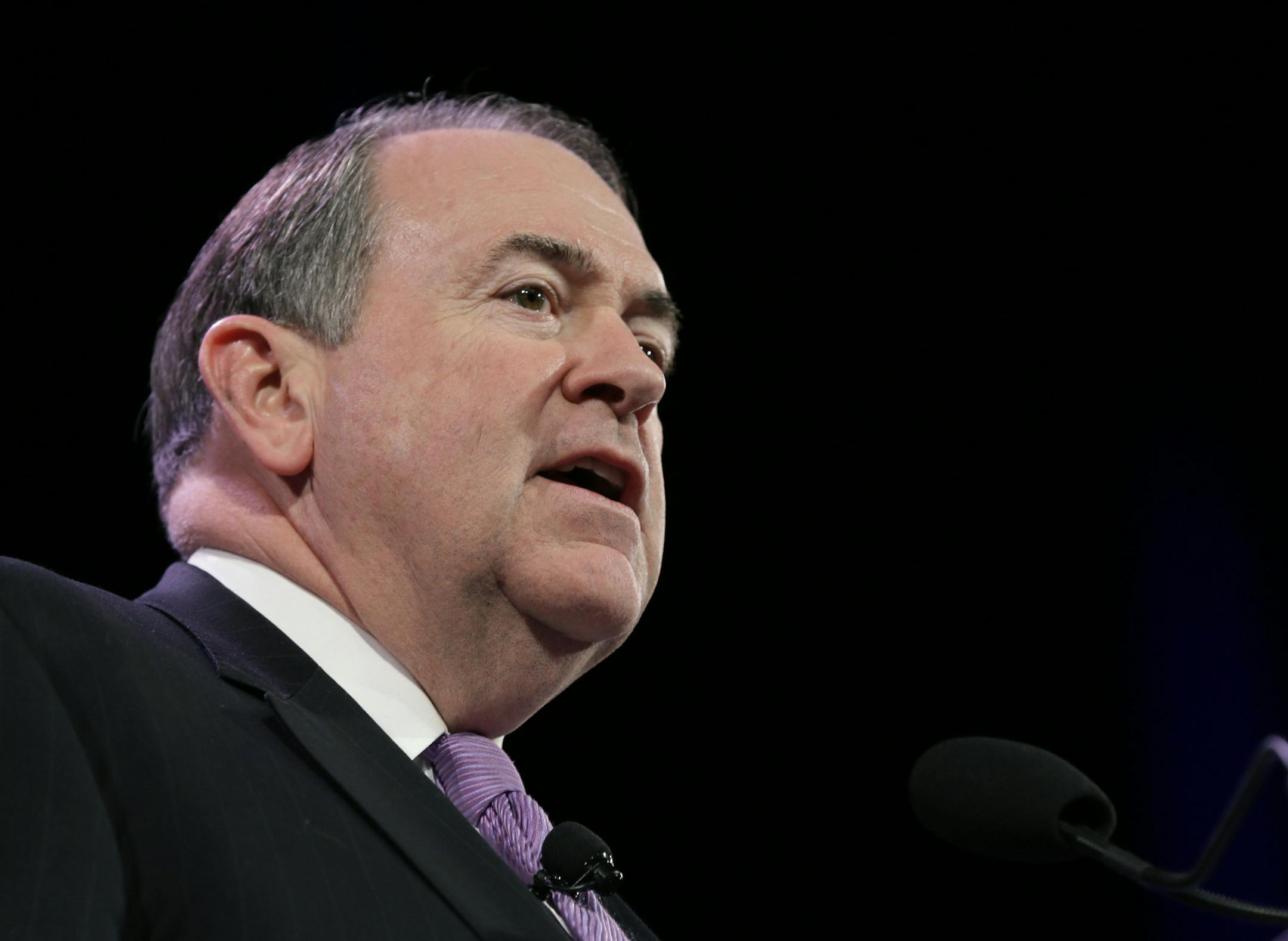 FILE - In this Saturday, Jan. 24, 2015, file photo, former Arkansas Gov. Mike Huckabee speaks during the Freedom Summit, in Des Moines, Iowa. Huckabee says gay marriage is akin to alcohol and profanity _ options the Republican weighing a 2016 presidential bid says are appealing to others, but not to him. (AP Photo/Charlie Neibergall, File)
