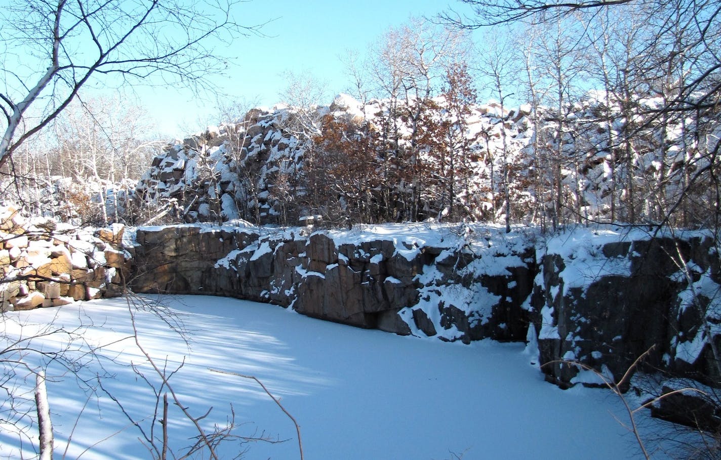 Quarries, which are popular for swimming, fishing and diving, freeze over for the winter when skiers and winter hikers explore the park. Photo by Lisa Meyers McClintick